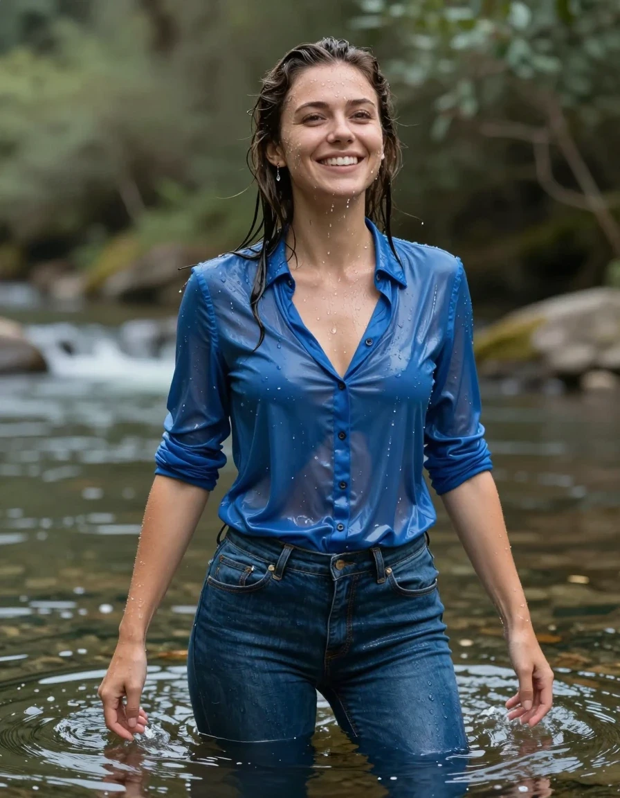 photo of young woman, in soaking wet, drenched clothes,
blue jeans, blue shiny blouse, river, 
enjoying, wet clothes stuck to body,
detailed textures of the wet clothes, wet face, wet plastered hair,
wet, drenched, professional, high-quality details, full body view.
sharp focus, ultra-high pixel detail, realistic, high-quality, full colors, incredibly detailed, 4k, 8k, 16k, hyper-realistic, RAW photo, masterpiece, ultra-detailed, professionally color graded, professional photograph, drenched, dripping wet, wet hair, happy, submerged, wet skin, wet clothes, damp fabric