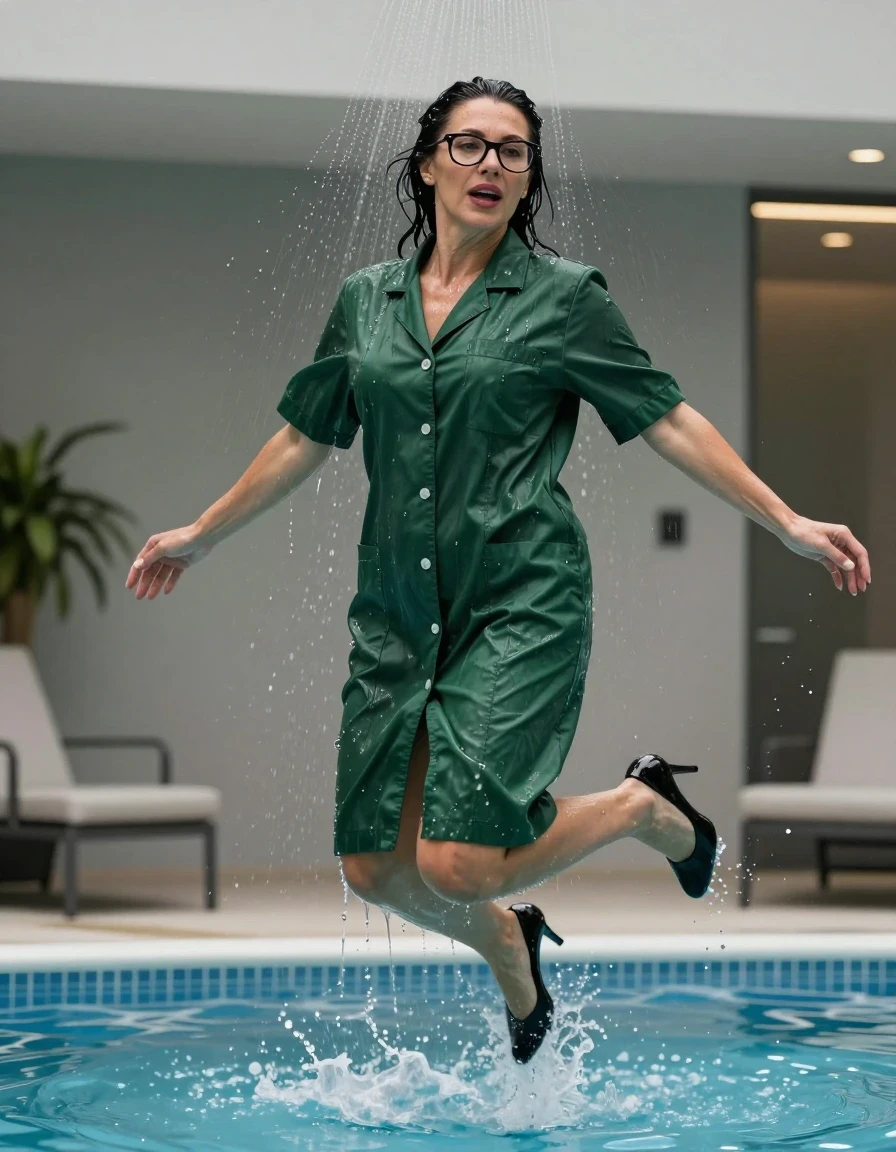 photo of young woman, in soaking wet, drenched clothes,
black high-heeled shoes, maxi dark green labcoat, maxi dark green labcoat with short sleeves, jumping in pool under shower after bath in indoor pool, enjoying wet clothes stuck body, enjoying, wet clothes stuck to body, 
enjoying, wet clothes stuck to body,
detailed textures of the wet clothes, wet face, wet plastered hair,
wet, drenched, professional, high-quality details, full body view.
sharp focus, ultra-high pixel detail, realistic, high-quality, full colors, incredibly detailed, 4k, 8k, 16k, hyper-realistic, RAW photo, masterpiece, ultra-detailed, professionally color graded, professional photograph, europen brunette skinny woman 50 years old, long dark black hair, office glasses, very big and thick lips, complete body, wet skin, wet clothes, damp fabric, wet skin, wet clothes, damp fabric, wet skin, wet clothes, damp fabric, wet skin, wet clothes, damp fabric, wet skin, wet clothes, damp fabric, wet skin, wet clothes, damp fabric, wet skin, wet clothes, damp fabric