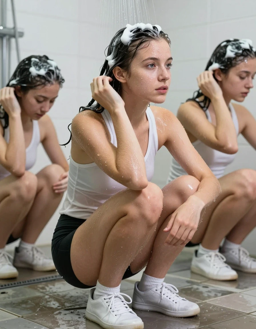 photo of young woman, in soaking wet, drenched clothes,
sneakers, white sock, sport clothes, sport clothes , shower, 
enjoying, wet clothes stuck to body,
detailed textures of the wet clothes, wet face, wet plastered hair,
wet, drenched, professional, high-quality details, full body view.
sharp focus, ultra-high pixel detail, realistic, high-quality, full colors, incredibly detailed, 4k, 8k, 16k, hyper-realistic, RAW photo, masterpiece, ultra-detailed, professionally color graded, professional photograph, two different girls in sport clothes washing hair together, wet skin, wet clothes, damp fabric