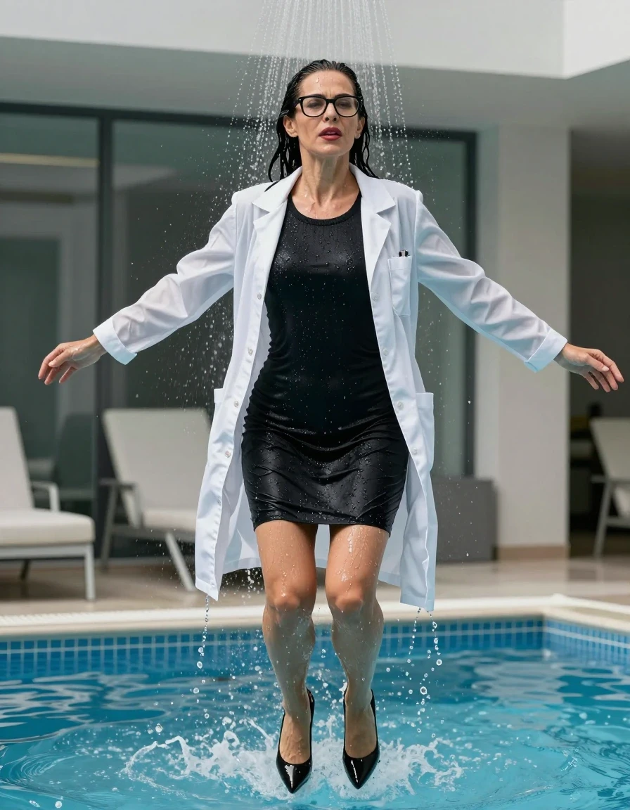 photo of young woman, in soaking wet, drenched clothes,
black high-heeled shoes, black sweater dress, black sweater dress, white labcoat, jumping in pool under shower after bath in indoor pool, enjoying wet clothes stuck body, enjoying, wet clothes stuck to body, 
enjoying, wet clothes stuck to body,
detailed textures of the wet clothes, wet face, wet plastered hair,
wet, drenched, professional, high-quality details, full body view.
sharp focus, ultra-high pixel detail, realistic, high-quality, full colors, incredibly detailed, 4k, 8k, 16k, hyper-realistic, RAW photo, masterpiece, ultra-detailed, professionally color graded, professional photograph, europen brunette skinny woman 50 years old, long dark black hair, office glasses, very big and thick lips, complete body, wet skin, wet clothes, damp fabric, wet skin, wet clothes, damp fabric, wet skin, wet clothes, damp fabric, wet skin, wet clothes, damp fabric, wet skin, wet clothes, damp fabric, wet skin, wet clothes, damp fabric, wet skin, wet clothes, damp fabric