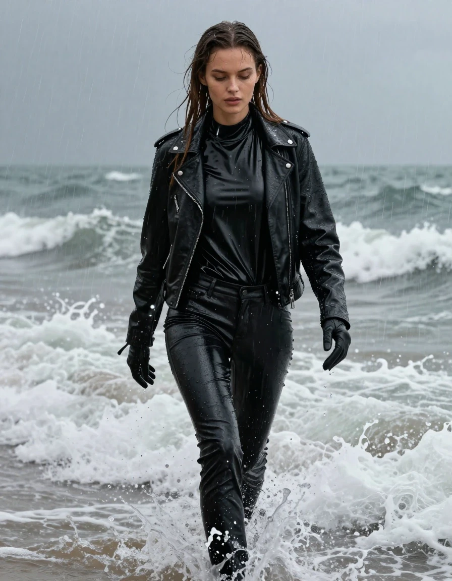A stunning young adult European woman with long dripping wet brown hair and glistening wet skin, walking through crashing ocean waves on a beach during a heavy rainstorm. She is wearing an oversized black vinyl polar neck shirt that clings to her frame with a high-gloss wet sheen, a black biker leather jacket, and black leather gloves. She is wearing black leather jeans, with the leather appearing heavy, saturated, and darkened by the constant splashing, showcasing realistic folds and water-slicked surfaces. The scene is saturated with moisture, with water droplets and splashes covering her body and clothing. The atmosphere is moody and cinematic, with heavy rainfall and turbulent sea spray creating a high-contrast environment. Photorealistic, 8k resolution, captured with a high-speed shutter to freeze the motion of the splashing waves and rain, sharp focus on the textures of the wet leather and vinyl, professional photography, no nudity.