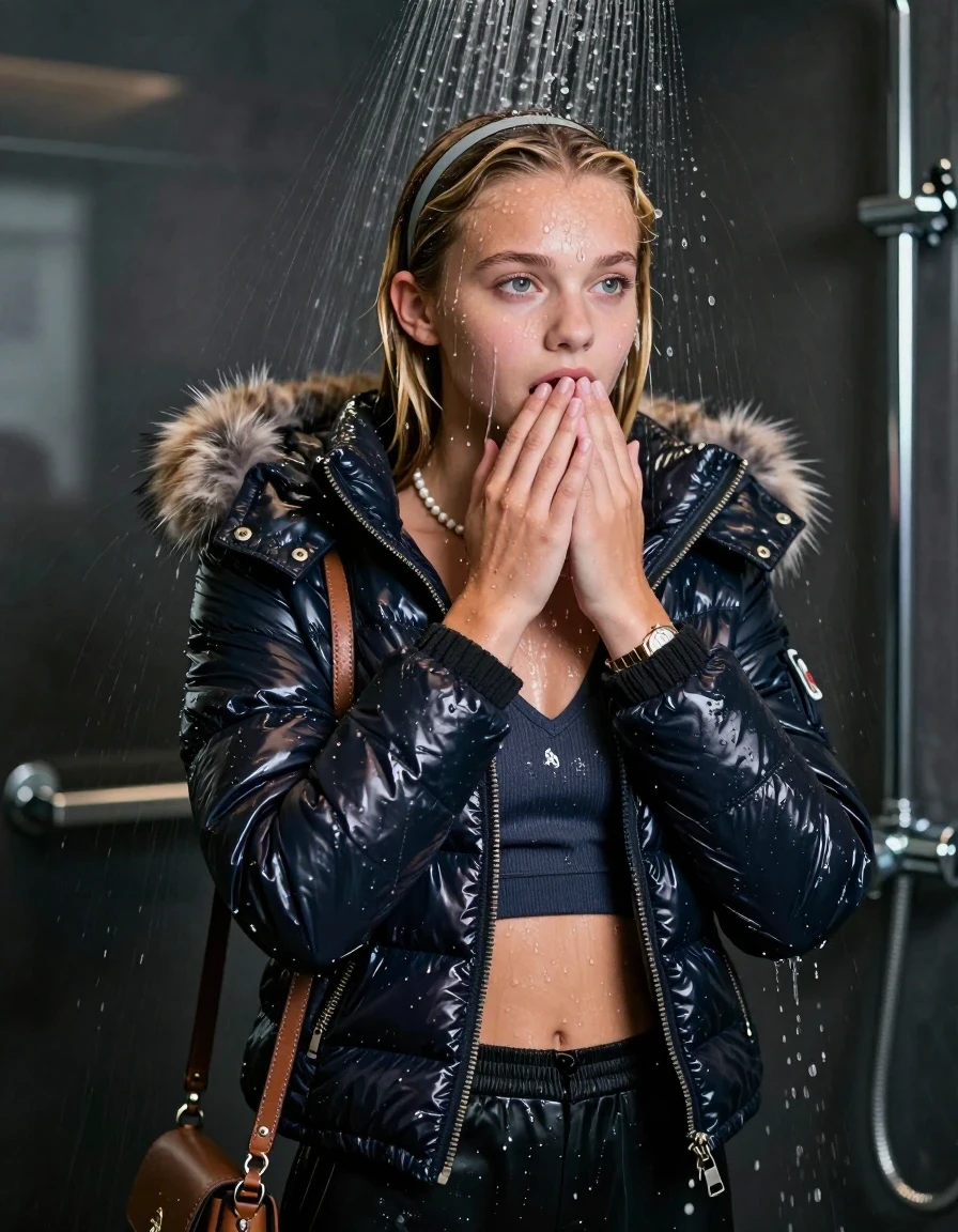 photo of young woman, in soaking wet, drenched clothes,
, , Moncler shiny puffer down jacket with fur, Open jacket, tight v-neck sweater belly free, shoulderbag, pearl necklace, bracelet, wristwatch, Modern mirrored shower, 
enjoying, wet clothes stuck to body,
detailed textures of the wet clothes, wet face, wet plastered hair,
wet, drenched, professional, high-quality details, full body view.
sharp focus, ultra-high pixel detail, realistic, high-quality, full colors, incredibly detailed, 4k, 8k, 16k, hyper-realistic, RAW photo, masterpiece, ultra-detailed, professionally color graded, professional photograph, A high-quality vertical fashion photograph of a 15-year-old teenage girl standing directly under a heavy, powerful stream of water in a modern shower. She has blonde Sleek  straight long hair with hairband, completely saturated and dripping wet hair, with water cascading down her face and neck, creating an astonished expression. She hold her hands on her mouth. The lighting is bright and cinematic, highlighting the glistening water droplets on her skin and the saturated texture of her  casual clothes. The composition is a clear, frontal portrait, capturing the refreshing and powerful sensation of the water flow. The girl is positioned centrally, facing the camera at a mild three-quarter angle, with her face clearly visible. The depicted girl has shoulder-length hair. Show her face clearly toward the camera at a mild three-quarter angle, large enough for a natural portrait face reference.
her clothing is soaking wet and clinging tightly to her skin, showing heavy wet folds, darkened fabric texture, and deep water-saturated Patches, her clothes are heavy from the water, water runs from her body and her clothes in streams. A lot of water also runs out of her clothes. Her clothes are darkened by the water. 
hyper-realistic wetness, high-contrast water sheen, sharp focus, 16k resolution, professional photography, realistic water physics., wet skin, wet clothes, damp fabric, wet skin, wet clothes, damp fabric, wet skin, wet clothes, damp fabric