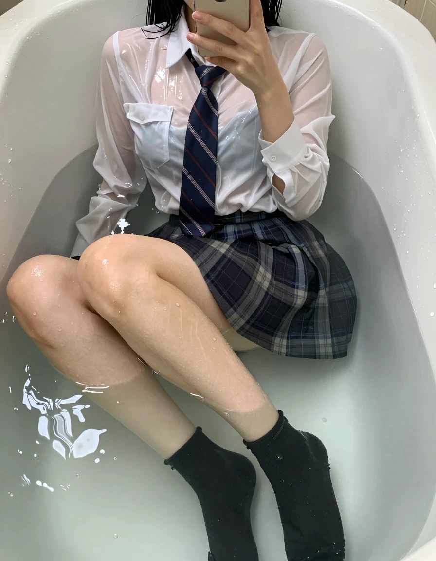 A photorealistic high-angle selfie of a young adult European woman sitting inside a bathtub filled with shallow water. She is wearing a crisp, starched white long-sleeve shirt that is soaked and clinging to her skin, with a striped tie draped around her collar, and a tartan pleated skirt that is heavily saturated, darkened by the water, and clinging to her legs. She wears black socks and black shoes, both completely submerged and dripping wet. Her skin and hair are glistening with water, and the fabrics of her outfit show deep, uneven wet patches, heavy folds, and strong specular reflections from the water. She is holding a smartphone up, capturing a mirror-like selfie with a focused expression. The scene is lit with bright, natural light that highlights the wet textures and water sheen on her clothing and skin. Shot with a sharp focus on the wet fabric details, realistic water droplets, and high-contrast reflections.