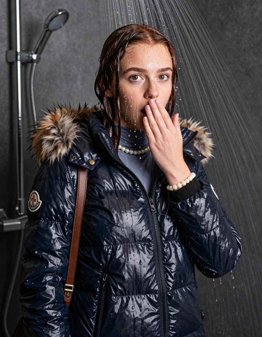 photo of young woman, in soaking wet, drenched clothes,
, , Moncler shiny puffer down jacket with fur, tight turtleneck sweater belly free, shoulderbag, pearl necklace, bracelet, wristwatch, shower, 
enjoying, wet clothes stuck to body,
detailed textures of the wet clothes, wet face, wet plastered hair,
wet, drenched, professional, high-quality details, full body view.
sharp focus, ultra-high pixel detail, realistic, high-quality, full colors, incredibly detailed, 4k, 8k, 16k, hyper-realistic, RAW photo, masterpiece, ultra-detailed, professionally color graded, professional photograph, Braided hair

15 years old  teenage girl

One hand on her mouth. Looking up at camera. horny eyes. afraid and astonished.

A high-quality vertical fashion photograph of a 15-year-old teenage girl standing directly under a heavy, powerful stream of water in a modern shower. She has shoulder-length, completely saturated and dripping wet dark auburn hair, with water cascading down her face and neck, creating an intense and exhilarated expression. The lighting is bright and cinematic, highlighting the glistening water droplets on her skin and the saturated texture of her gym clothes. The composition is a clear, frontal portrait, capturing the refreshing and powerful sensation of the water flow. The girl is positioned centrally, facing the camera at a mild three-quarter angle, with her face clearly visible. The depicted girl has shoulder-length dark auburn hair. Show her face clearly toward the camera at a mild three-quarter angle, large enough for a natural portrait face reference.
her clothing is soaking wet and clinging tightly to her skin, showing heavy wet folds, darkened fabric texture, and deep water-saturated Patches, her clothes are heavy from the water, water runs from her body and her clothes in streams. A lot of water also runs out of her clothes. Her clothes are darkened by the water. 
hyper-realistic wetness, high-contrast water sheen, sharp focus, 16k resolution, professional photography, realistic water physics., wet skin, wet clothes, damp fabric