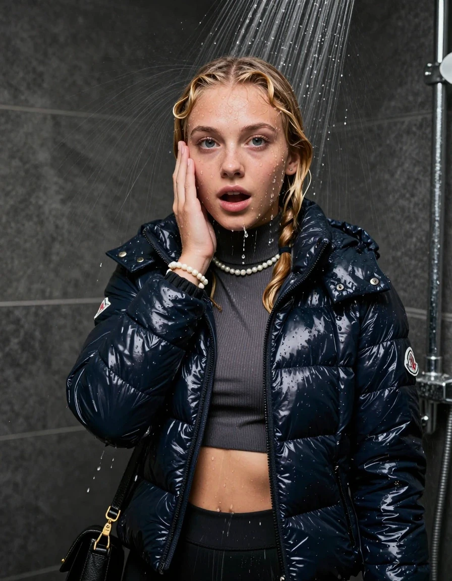 photo of young woman, in soaking wet, drenched clothes,
, , Moncler shiny puffer down jacket, Open jacket, tight knit turtleneck sweater belly free, shoulderbag, pearl necklace, bracelet, wristwatch, shower, 
enjoying, wet clothes stuck to body,
detailed textures of the wet clothes, wet face, wet plastered hair,
wet, drenched, professional, high-quality details, full body view.
sharp focus, ultra-high pixel detail, realistic, high-quality, full colors, incredibly detailed, 4k, 8k, 16k, hyper-realistic, RAW photo, masterpiece, ultra-detailed, professionally color graded, professional photograph, Pigtails

15 years old  teenage girl

One hand on her face. Looking at camera. horny eyes. afraid and astonished. open mouth, big eyes.

A high-quality vertical fashion photograph of a 15-year-old teenage girl standing directly under a heavy, powerful stream of water in a modern shower. She has Sleek shoulder-length, Blonde completely saturated and dripping wet hair, with water cascading down her face and neck, creating an intense and exhilarated expression. The lighting is bright and cinematic, highlighting the glistening water droplets on her skin and the saturated texture of her gym clothes. The composition is a clear, frontal portrait, capturing the refreshing and powerful sensation of the water flow. The girl is positioned centrally, facing the camera at a mild three-quarter angle, with her face clearly visible. The depicted girl has shoulder-length dark auburn hair. Show her face clearly toward the camera at a mild three-quarter angle, large enough for a natural portrait face reference.
her clothing is soaking wet and clinging tightly to her skin, showing heavy wet folds, darkened fabric texture, and deep water-saturated Patches, her clothes are heavy from the water, water runs from her body and her clothes in streams. A lot of water also runs out of her clothes. Her clothes are darkened by the water. 
hyper-realistic wetness, high-contrast water sheen, sharp focus, 16k resolution, professional photography, realistic water physics., wet skin, wet clothes, damp fabric, wet skin, wet clothes, damp fabric