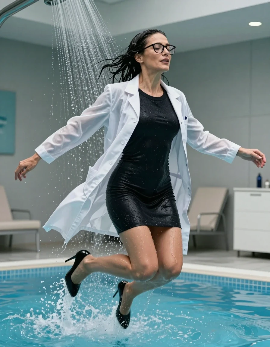 photo of young woman, in soaking wet, drenched clothes,
black high-heeled shoes, black sweater dress, black sweater dress, white labcoat, jumping in pool under shower after bath in indoor pool, enjoying wet clothes stuck body, enjoying, wet clothes stuck to body, 
enjoying, wet clothes stuck to body,
detailed textures of the wet clothes, wet face, wet plastered hair,
wet, drenched, professional, high-quality details, full body view.
sharp focus, ultra-high pixel detail, realistic, high-quality, full colors, incredibly detailed, 4k, 8k, 16k, hyper-realistic, RAW photo, masterpiece, ultra-detailed, professionally color graded, professional photograph, europen brunette skinny woman 50 years old, long dark black hair, office glasses, very big and thick lips, complete body, wet skin, wet clothes, damp fabric, wet skin, wet clothes, damp fabric, wet skin, wet clothes, damp fabric, wet skin, wet clothes, damp fabric, wet skin, wet clothes, damp fabric, wet skin, wet clothes, damp fabric, wet skin, wet clothes, damp fabric