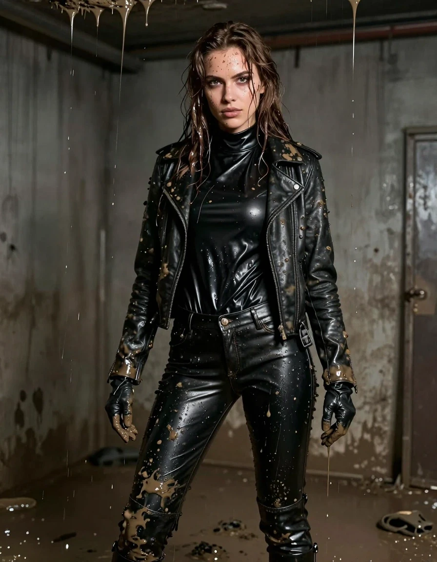 A photorealistic full-body shot of a young adult European woman with long, dripping wet brown hair, standing in a dimly lit room. She is completely drenched in thick, viscous mud that drips from the ceiling, coating her skin and clothes in heavy, slick layers. She wears an oversize black vinyl turtleneck shirt that clings to her frame, layered under a rugged black biker leather jacket, paired with tight black vinyl pants and black leather knee-high boots. She wears black leather gloves on both hands. Her skin is glistening with wetness, and her clothing is saturated with mud and water, showing heavy folds and a high-gloss sheen. The atmosphere is damp and grimy, with mud streaks running down her face and clothing. Cinematic lighting highlights the texture of the wet vinyl, leather, and dripping mud. High-detail photography, 8k resolution, sharp focus, realistic textures, no nudity, fully clothed, clean anatomy.