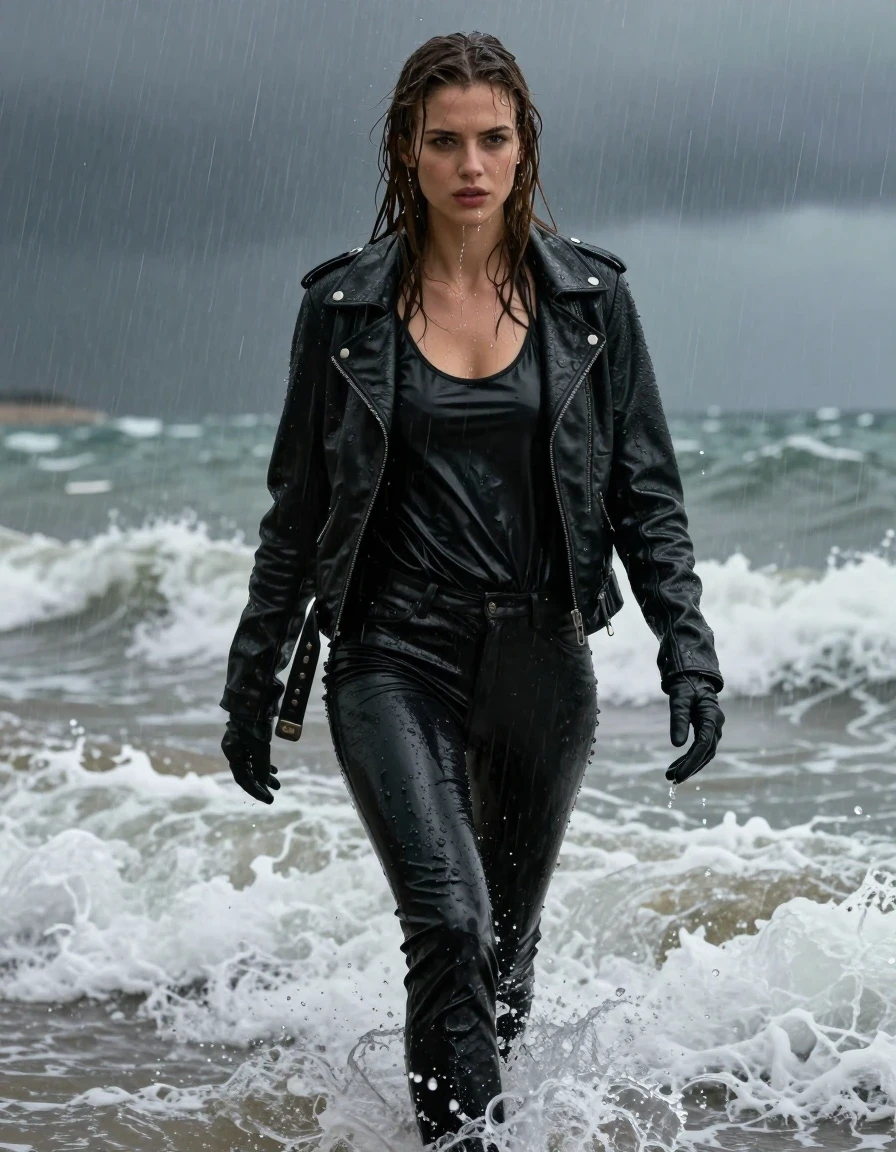 A stunning young adult European woman with long, dripping wet brown hair and glistening wet skin, walking through crashing ocean waves at the beach during a heavy rainstorm. She is wearing an oversized black vinyl polar neck shirt that clings to her frame, a rugged black biker leather jacket, and black leather gloves on both hands. Her legs are clad in black leather jeans, which are soaked and heavy with water, showing deep dark patches, realistic folds, and a high-gloss sheen from the splashing surf. The fabric of her garments is visibly drenched, heavy, and clinging, with water streaming down her skin and clothes. The environment is dark and atmospheric, with intense rain, splashing seawater, and turbulent waves surrounding her. Photorealistic, 8k, highly detailed textures, cinematic lighting, dramatic contrast, sharp focus on water droplets and wet material textures, fully clothed, modest attire.