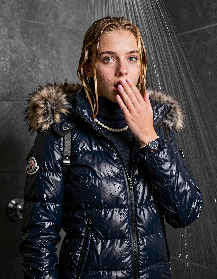 photo of young woman, in soaking wet, drenched clothes,
, , Moncler shiny puffer down jacket with fur, tight knit turtleneck sweater belly free, shoulderbag, pearl necklace, bracelet, wristwatch, shower, 
enjoying, wet clothes stuck to body,
detailed textures of the wet clothes, wet face, wet plastered hair,
wet, drenched, professional, high-quality details, full body view.
sharp focus, ultra-high pixel detail, realistic, high-quality, full colors, incredibly detailed, 4k, 8k, 16k, hyper-realistic, RAW photo, masterpiece, ultra-detailed, professionally color graded, professional photograph, Braided hair

15 years old  teenage girl

One hand on her mouth. Looking at camera. horny eyes. afraid and astonished. open mouth, big eyes.

A high-quality vertical fashion photograph of a 15-year-old teenage girl standing directly under a heavy, powerful stream of water in a modern shower. She has shoulder-length, completely saturated and dripping wet blonde hair, with water cascading down her face and neck, creating an intense and exhilarated expression. The lighting is bright and cinematic, highlighting the glistening water droplets on her skin and the saturated texture of her gym clothes. The composition is a clear, frontal portrait, capturing the refreshing and powerful sensation of the water flow. The girl is positioned centrally, facing the camera at a mild three-quarter angle, with her face clearly visible. The depicted girl has shoulder-length dark auburn hair. Show her face clearly toward the camera at a mild three-quarter angle, large enough for a natural portrait face reference.
her clothing is soaking wet and clinging tightly to her skin, showing heavy wet folds, darkened fabric texture, and deep water-saturated Patches, her clothes are heavy from the water, water runs from her body and her clothes in streams. A lot of water also runs out of her clothes. Her clothes are darkened by the water. 
hyper-realistic wetness, high-contrast water sheen, sharp focus, 16k resolution, professional photography, realistic water physics., wet skin, wet clothes, damp fabric