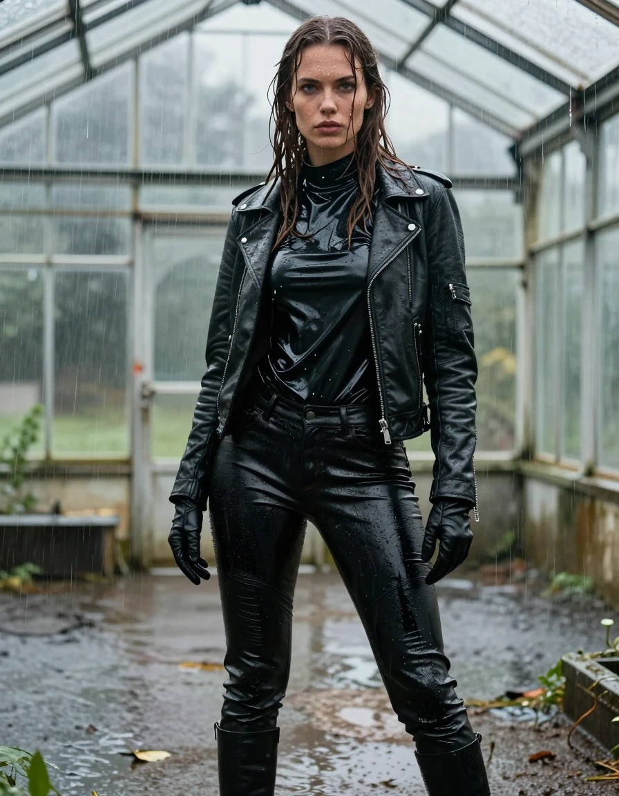 A photorealistic full-body shot of a young adult European woman with long, dripping wet brown hair, standing inside a dilapidated greenhouse during a torrential downpour. She is wearing an oversize black vinyl polar neck shirt that clings to her frame with high-gloss wet highlights, layered under a rugged black biker's leather jacket. Her legs are clad in black leather jeans, heavy with moisture, featuring deep creases, a slick wet sheen, and dark saturated patches from the rainwater. She wears black leather knee-high boots and matching leather gloves on both hands. The woman's skin is visibly drenched, with water droplets trickling down her face and neck. The greenhouse environment is leaking, with heavy rain streaming through overhead glass panes, creating a misty, damp atmosphere. The fabric of her clothing is heavy, clinging, and textured with water saturation. Cinematic lighting captures the intense specular reflections on the vinyl and wet leather surfaces. High resolution, sharp focus on skin texture and fabric folds, realistic water physics, fully clothed, modest attire.