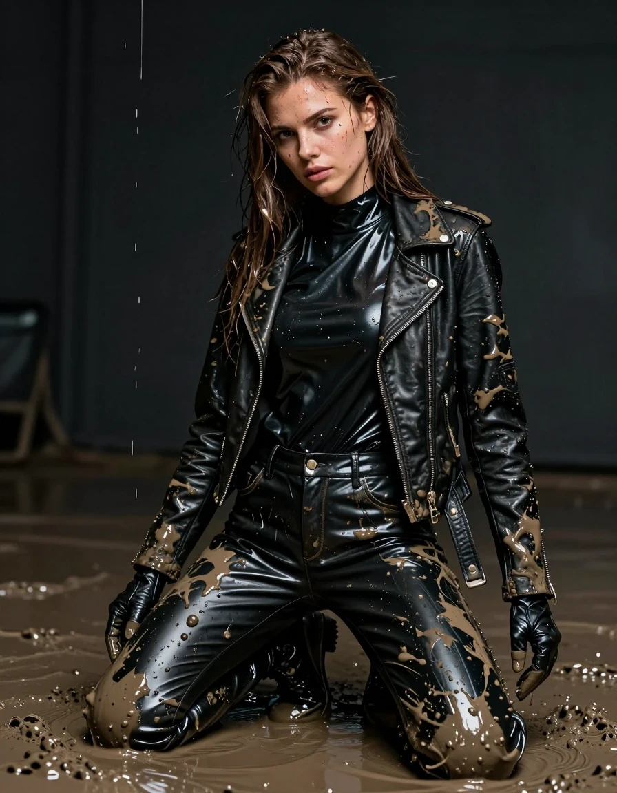 A photorealistic portrait of a young adult European woman with long, dripping wet brown hair, kneeling in a dark, moody room. She is completely drenched in thick, viscous mud that drips from the ceiling and coats her skin and clothing. She wears an oversize black vinyl polar neck shirt, black vinyl pants, a heavy black biker's leather jacket, and black leather gloves. She wears sleek black leather knee-high boots. The vinyl and leather surfaces are heavily coated in mud, creating a slick, high-gloss sheen mixed with earthy textures. The fabric of her clothing is weighed down, clinging to her form with visible wet folds and heavy, saturated textures. The lighting is dramatic and moody, emphasizing the wet sheen on her skin, the dripping mud, and the reflective surfaces of the vinyl and leather. High-resolution photographic quality, hyper-realistic textures, intricate mud splatters, sharp focus, cinematic composition, fully clothed, modest attire.