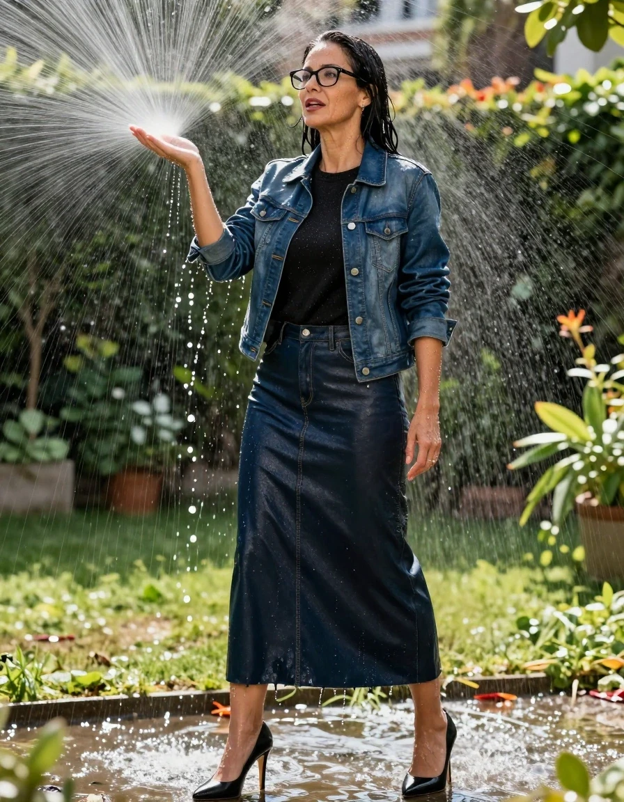 photo of young woman, in soaking wet, drenched clothes,
black high-heeled shoes, maxi dark blue leather denim skirt, black sweater,  maxi dark blue leather denim jacket, under sprinklers in sunny garden, enjoying wet clothes stuck body, enjoying, wet clothes stuck to body, 
enjoying, wet clothes stuck to body,
detailed textures of the wet clothes, wet face, wet plastered hair,
wet, drenched, professional, high-quality details, full body view.
sharp focus, ultra-high pixel detail, realistic, high-quality, full colors, incredibly detailed, 4k, 8k, 16k, hyper-realistic, RAW photo, masterpiece, ultra-detailed, professionally color graded, professional photograph, europen brunette skinny woman 50 years old, long dark black hair, office glasses, very big and thick lips, complete body, wet skin, wet clothes, damp fabric, wet skin, wet clothes, damp fabric, wet skin, wet clothes, damp fabric, wet skin, wet clothes, damp fabric, wet skin, wet clothes, damp fabric, wet skin, wet clothes, damp fabric, wet skin, wet clothes, damp fabric