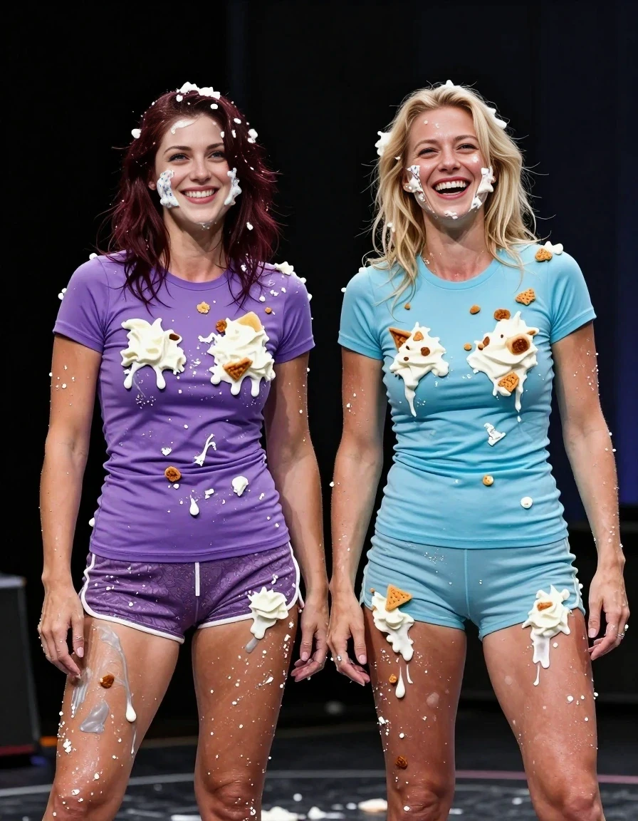 A realistic vertical fashion-style photograph of two adult women standing on a messy stage, completely covered in pie filling, whipped cream, and food scraps. On the left, a woman with shoulder-length dark auburn hair wearing a purple tight t-shirt and gym shorts. On the right, a woman with blonde hair wearing a tight light blue t-shirt and gym shorts. Both women are laughing, looking disheveled and covered in pie debris, posing confidently despite the mess. The lighting is bright and stage-like, highlighting the texture of the messy filling on their clothes and hair.