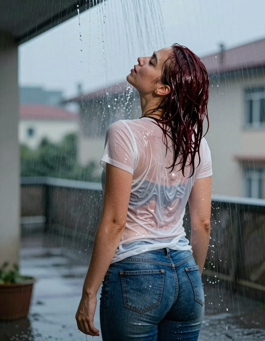 A realistic vertical fashion photograph taken from a backward, behind-the-back angle of a 25-year-old woman with shoulder-length dark auburn hair standing under a heavy, concentrated stream of rainwater pouring off the edge of a building roof. She is tilting her head back, letting the water drench her hair so it is glued flat against her head and body, and her light-colored cotton t-shirt and blue denim jeans are completely saturated, heavy, and glistening with a dark, glossy, soaked appearance. The water is cascading over her, making her hair and clothes look very wet and shiny. The background is a soft-focus urban setting at dusk, professional photography, natural lighting.