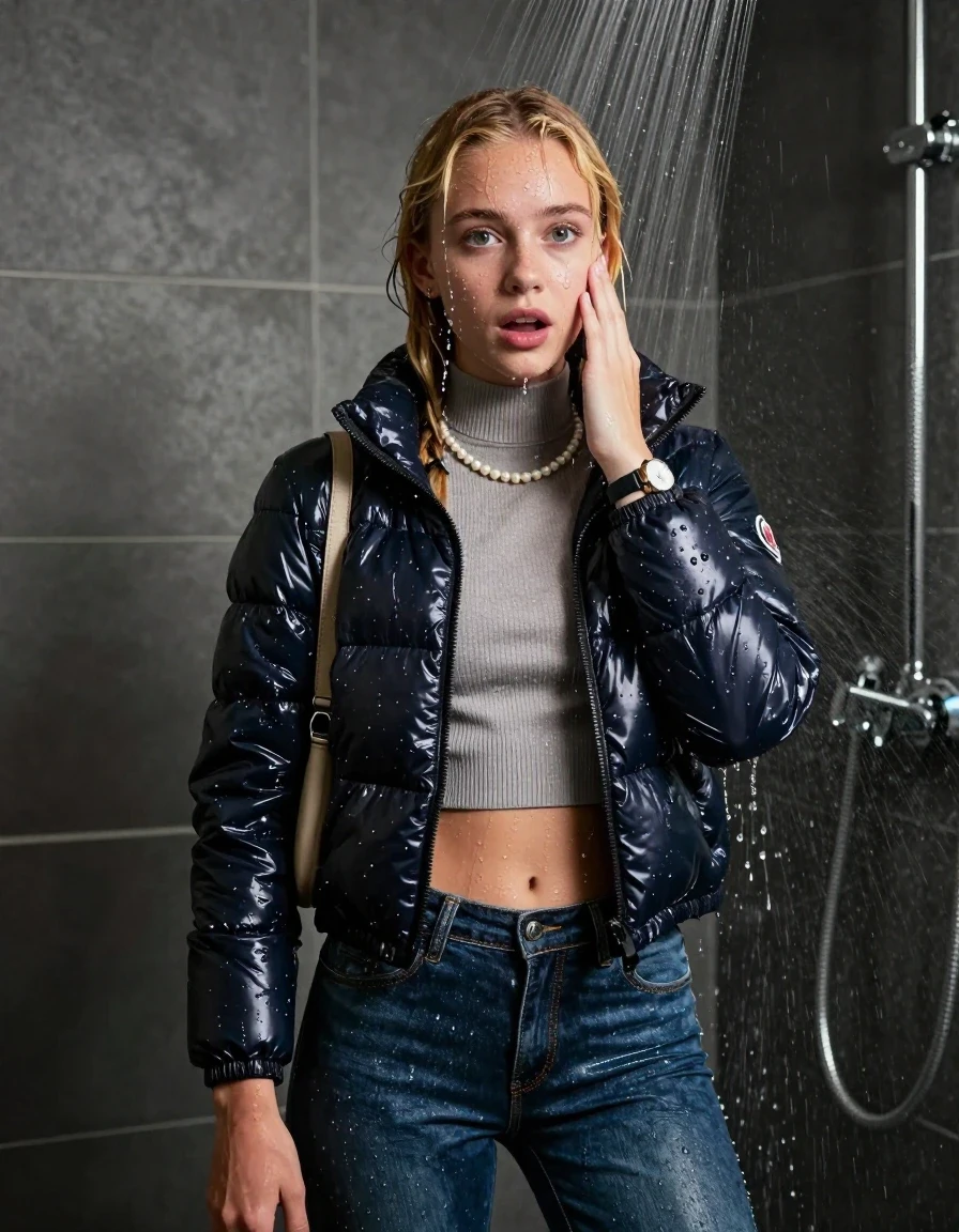 photo of young woman, in soaking wet, drenched clothes,
, Tight skinny jeans, Moncler shiny puffer down jacket, Open jacket, tight knit turtleneck sweater belly free, shoulderbag, pearl necklace, bracelet, wristwatch, shower, 
enjoying, wet clothes stuck to body,
detailed textures of the wet clothes, wet face, wet plastered hair,
wet, drenched, professional, high-quality details, full body view.
sharp focus, ultra-high pixel detail, realistic, high-quality, full colors, incredibly detailed, 4k, 8k, 16k, hyper-realistic, RAW photo, masterpiece, ultra-detailed, professionally color graded, professional photograph, Pigtails

15 years old  teenage girl

One hand on her face. Looking at camera. horny eyes. afraid and astonished. open mouth, big eyes.

A high-quality vertical fashion photograph of a 15-year-old teenage girl standing directly under a heavy, powerful stream of water in a modern shower. She has Sleek shoulder-length, Blonde completely saturated and dripping wet hair, with water cascading down her face and neck, creating an intense and exhilarated expression. The lighting is bright and cinematic, highlighting the glistening water droplets on her skin and the saturated texture of her gym clothes. The composition is a clear, frontal portrait, capturing the refreshing and powerful sensation of the water flow. The girl is positioned centrally, facing the camera at a mild three-quarter angle, with her face clearly visible. The depicted girl has shoulder-length dark auburn hair. Show her face clearly toward the camera at a mild three-quarter angle, large enough for a natural portrait face reference.
her clothing is soaking wet and clinging tightly to her skin, showing heavy wet folds, darkened fabric texture, and deep water-saturated Patches, her clothes are heavy from the water, water runs from her body and her clothes in streams. A lot of water also runs out of her clothes. Her clothes are darkened by the water. 
hyper-realistic wetness, high-contrast water sheen, sharp focus, 16k resolution, professional photography, realistic water physics., wet skin, wet clothes, damp fabric, wet skin, wet clothes, damp fabric