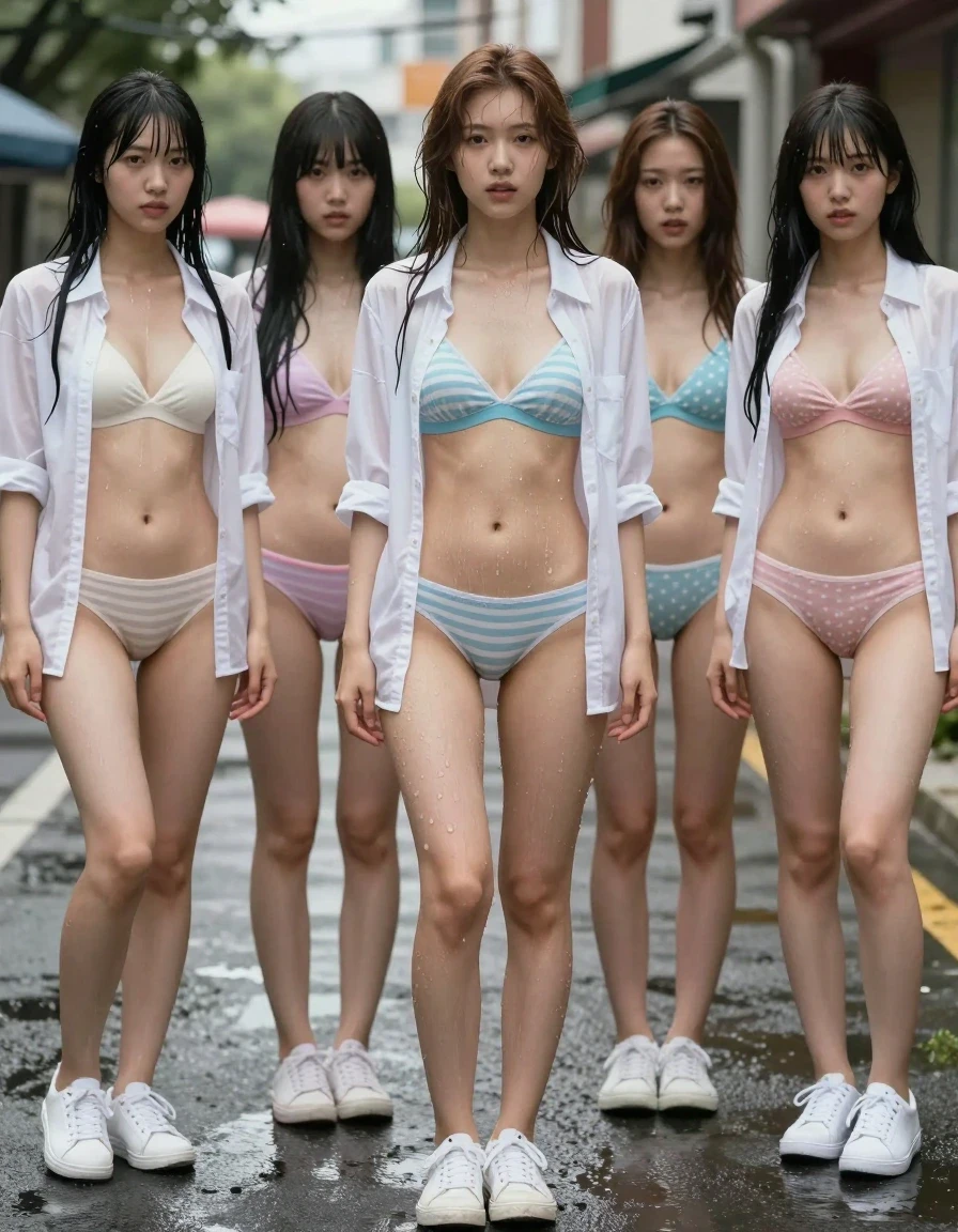 photo of young woman, in soaking wet, drenched clothes,
White sneakers, japan school girls with stripped and spotted pastel colour cotton panties, Open white shirt exposing matching cotton bra, Street, 
enjoying, wet clothes stuck to body,
detailed textures of the wet clothes, wet face, wet plastered hair,
wet, drenched, professional, high-quality details, full body view.
sharp focus, ultra-high pixel detail, realistic, high-quality, full colors, incredibly detailed, 4k, 8k, 16k, hyper-realistic, RAW photo, masterpiece, ultra-detailed, professionally color graded, professional photograph, 5 girls, wet skin, wet clothes, damp fabric