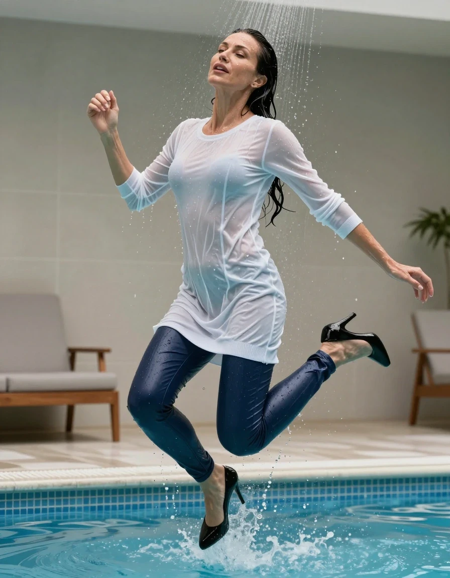 photo of young woman, in soaking wet, drenched clothes,
black high-heeled shoes, long dark blue leather jeans, white sweater dress, jumping in pool under shower after bath in indoor pool, enjoying wet clothes stuck body, enjoying, wet clothes stuck to body, 
enjoying, wet clothes stuck to body,
detailed textures of the wet clothes, wet face, wet plastered hair,
wet, drenched, professional, high-quality details, full body view.
sharp focus, ultra-high pixel detail, realistic, high-quality, full colors, incredibly detailed, 4k, 8k, 16k, hyper-realistic, RAW photo, masterpiece, ultra-detailed, professionally color graded, professional photograph, europen brunette skinny woman 50 years old, long dark black hair, very big and thick lips, complete body, wet skin, wet clothes, damp fabric, wet skin, wet clothes, damp fabric, wet skin, wet clothes, damp fabric, wet skin, wet clothes, damp fabric, wet skin, wet clothes, damp fabric, wet skin, wet clothes, damp fabric, wet skin, wet clothes, damp fabric
