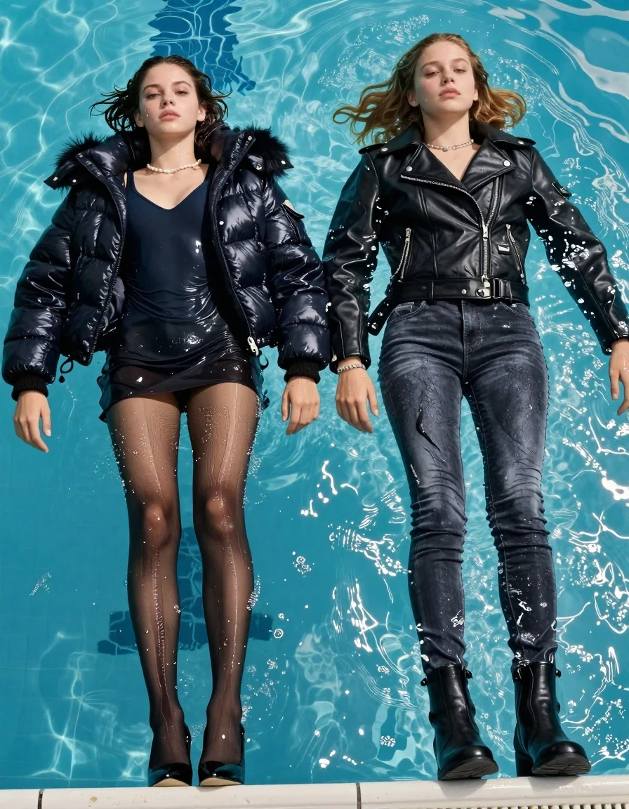 photo of young woman, in soaking wet, drenched clothes,
black heels, , Moncler shiny puffer down jacket with fur, Open jacket, tight v-neck sweater belly free, shoulderbag, pearl necklace, bracelet, wristwatch, swimming pool, 
enjoying, wet clothes stuck to body,
detailed textures of the wet clothes, wet face, wet plastered hair,
wet, drenched, professional, high-quality details, full body view.
sharp focus, ultra-high pixel detail, realistic, high-quality, full colors, incredibly detailed, 4k, 8k, 16k, hyper-realistic, RAW photo, masterpiece, ultra-detailed, professionally color graded, professional photograph, A realistic fashion-style photograph from a low angle at the edge of a bright blue swimming pool. two teenage girls. On the left, Cloe has short brunette hair and is swimming on her back, wearing a wet black minidress and dark sheer pantyhose that glisten under the surface and black heels. On the right, Sarah is swimming on her back, wearing a wet black biker leatherjacket and light black skinny jeans that appear saturated and shiny in the water and boots. The water is clear with ripples, highlighting the texture of their wet hosiery. Bright, sunny outdoor pool lighting, high-quality photography.
her clothing is soaking wet and clinging tightly to her skin, showing heavy wet folds, darkened fabric texture, and deep water-saturated Patches, her clothes are heavy from the water, water runs from her body and her clothes in streams. A lot of water also runs out of her clothes. Her clothes are darkened by the water. 
hyper-realistic wetness, high-contrast water sheen, sharp focus, 16k resolution, professional photography, realistic water physics., wet skin, wet clothes, damp fabric, wet skin, wet clothes, damp fabric, wet skin, wet clothes, damp fabric, wet skin, wet clothes, damp fabric, wet skin, wet clothes, damp fabric