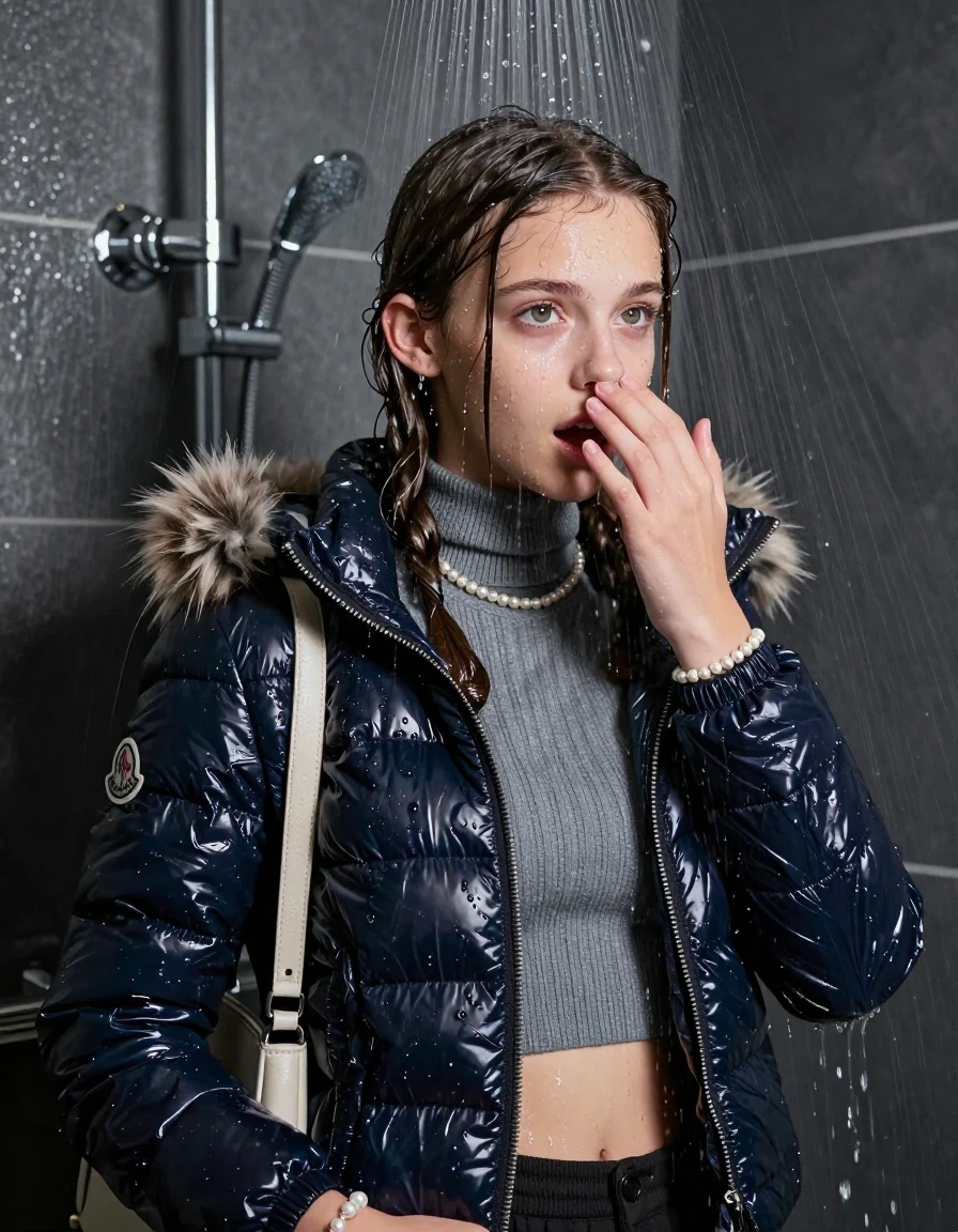 photo of young woman, in soaking wet, drenched clothes,
, , Moncler shiny puffer down jacket with fur, Open jacket, tight knit turtleneck sweater belly free, shoulderbag, pearl necklace, bracelet, wristwatch, Modern mirrored shower, 
enjoying, wet clothes stuck to body,
detailed textures of the wet clothes, wet face, wet plastered hair,
wet, drenched, professional, high-quality details, full body view.
sharp focus, ultra-high pixel detail, realistic, high-quality, full colors, incredibly detailed, 4k, 8k, 16k, hyper-realistic, RAW photo, masterpiece, ultra-detailed, professionally color graded, professional photograph, Pigtails

15 years old  teenage girl

One hand in front of her nose. Looking slightly away. horny eyes. afraid and astonished. open mouth, big eyes.

A high-quality vertical fashion photograph of a 15-year-old teenage girl standing directly under a heavy, powerful stream of water in a modern shower. She has Sleek shoulder-length, completely saturated and dripping wet hair, with water cascading down her face and neck, creating an intense and exhilarated expression. The lighting is bright and cinematic, highlighting the glistening water droplets on her skin and the saturated texture of her  casual clothes. The composition is a clear, frontal portrait, capturing the refreshing and powerful sensation of the water flow. The girl is positioned centrally, facing the camera at a mild three-quarter angle, with her face clearly visible. The depicted girl has shoulder-length hair. Show her face clearly toward the camera at a mild three-quarter angle, large enough for a natural portrait face reference.
her clothing is soaking wet and clinging tightly to her skin, showing heavy wet folds, darkened fabric texture, and deep water-saturated Patches, her clothes are heavy from the water, water runs from her body and her clothes in streams. A lot of water also runs out of her clothes. Her clothes are darkened by the water. 
hyper-realistic wetness, high-contrast water sheen, sharp focus, 16k resolution, professional photography, realistic water physics., wet skin, wet clothes, damp fabric, wet skin, wet clothes, damp fabric