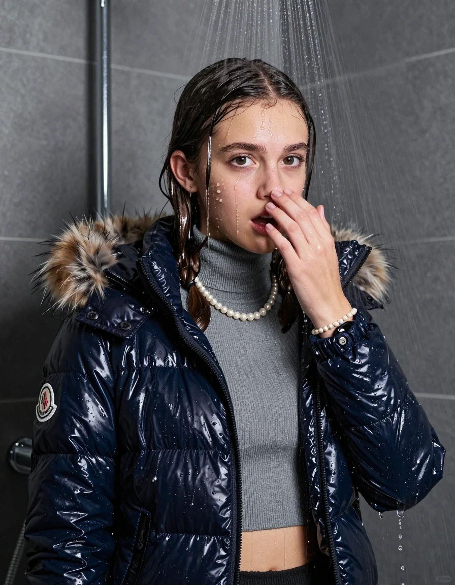 photo of young woman, in soaking wet, drenched clothes,
, , Moncler shiny puffer down jacket with fur, Open jacket, tight knit turtleneck sweater belly free, shoulderbag, pearl necklace, bracelet, wristwatch, Modern mirrored shower, 
enjoying, wet clothes stuck to body,
detailed textures of the wet clothes, wet face, wet plastered hair,
wet, drenched, professional, high-quality details, full body view.
sharp focus, ultra-high pixel detail, realistic, high-quality, full colors, incredibly detailed, 4k, 8k, 16k, hyper-realistic, RAW photo, masterpiece, ultra-detailed, professionally color graded, professional photograph, Pigtails

15 years old  teenage girl

One hand in front of her nose. Looking slightly away. horny eyes. afraid and astonished. open mouth, big eyes.

A high-quality vertical fashion photograph of a 15-year-old teenage girl standing directly under a heavy, powerful stream of water in a modern shower. She has Sleek shoulder-length, completely saturated and dripping wet hair, with water cascading down her face and neck, creating an intense and exhilarated expression. The lighting is bright and cinematic, highlighting the glistening water droplets on her skin and the saturated texture of her  casual clothes. The composition is a clear, frontal portrait, capturing the refreshing and powerful sensation of the water flow. The girl is positioned centrally, facing the camera at a mild three-quarter angle, with her face clearly visible. The depicted girl has shoulder-length hair. Show her face clearly toward the camera at a mild three-quarter angle, large enough for a natural portrait face reference.
her clothing is soaking wet and clinging tightly to her skin, showing heavy wet folds, darkened fabric texture, and deep water-saturated Patches, her clothes are heavy from the water, water runs from her body and her clothes in streams. A lot of water also runs out of her clothes. Her clothes are darkened by the water. 
hyper-realistic wetness, high-contrast water sheen, sharp focus, 16k resolution, professional photography, realistic water physics., wet skin, wet clothes, damp fabric, wet skin, wet clothes, damp fabric