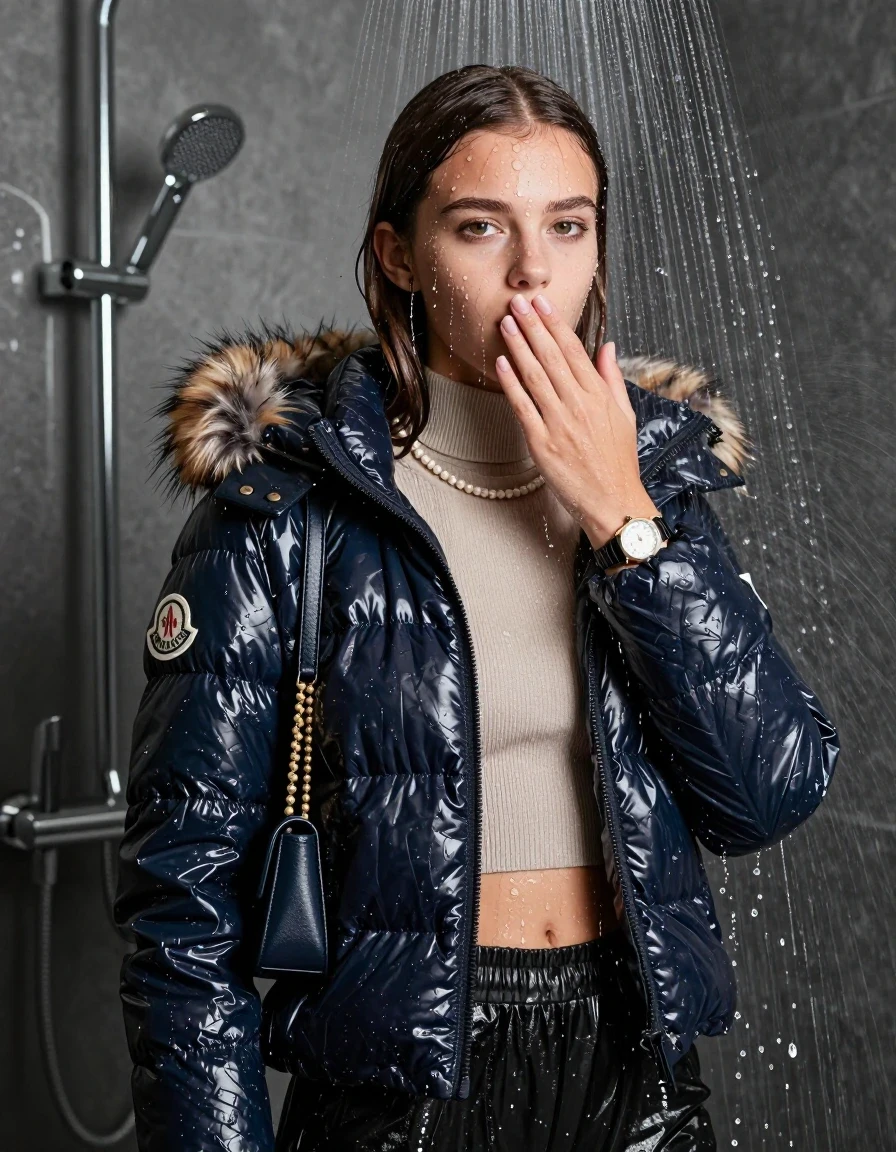 photo of young woman, in soaking wet, drenched clothes,
, , Moncler shiny puffer down jacket with fur, Open jacket, tight knit turtleneck sweater belly free, shoulderbag, pearl necklace, bracelet, wristwatch, Modern mirrored shower, 
enjoying, wet clothes stuck to body,
detailed textures of the wet clothes, wet face, wet plastered hair,
wet, drenched, professional, high-quality details, full body view.
sharp focus, ultra-high pixel detail, realistic, high-quality, full colors, incredibly detailed, 4k, 8k, 16k, hyper-realistic, RAW photo, masterpiece, ultra-detailed, professionally color graded, professional photograph, A high-quality vertical fashion photograph of a teenage girl standing directly under a heavy, powerful stream of water in a modern shower. She has Sleek  straight shoulder-length, completely saturated and dripping wet hair, with water cascading down her face and neck, creating an astonished expression. She hold a hand over her mouth. The lighting is bright and cinematic, highlighting the glistening water droplets on her skin and the saturated texture of her  casual clothes. The composition is a clear, frontal portrait, capturing the refreshing and powerful sensation of the water flow. The girl is positioned centrally, facing the camera at a mild three-quarter angle, with her face clearly visible. The depicted girl has brunette hair with a collarbone bob. Show her face clearly toward the camera at a mild three-quarter angle, large enough for a natural portrait face reference.
her clothing is soaking wet and clinging tightly to her skin, showing heavy wet folds, darkened fabric texture, and deep water-saturated Patches, her clothes are heavy from the water, water runs from her body and her clothes in streams. A lot of water also runs out of her clothes. Her clothes are darkened by the water. 
hyper-realistic wetness, high-contrast water sheen, sharp focus, 16k resolution, professional photography, realistic water physics., wet skin, wet clothes, damp fabric, wet skin, wet clothes, damp fabric, wet skin, wet clothes, damp fabric, wet skin, wet clothes, damp fabric