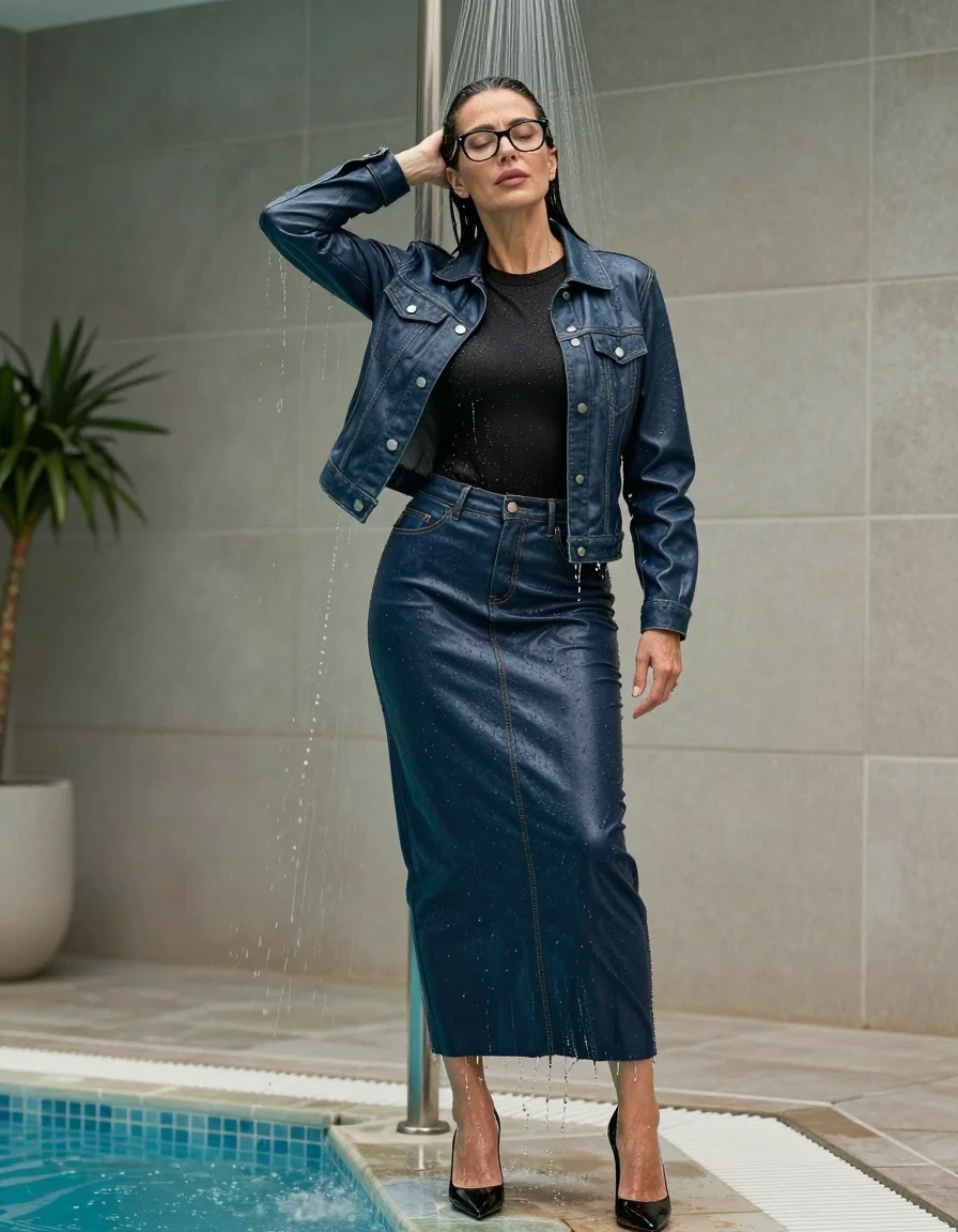 photo of young woman, in soaking wet, drenched clothes,
black high-heeled shoes, maxi dark blue leather denim skirt, black sweater,  maxi dark blue leather denim jacket, under shower after bath in indoor pool, enjoying wet clothes stuck body, enjoying, wet clothes stuck to body, 
enjoying, wet clothes stuck to body,
detailed textures of the wet clothes, wet face, wet plastered hair,
wet, drenched, professional, high-quality details, full body view.
sharp focus, ultra-high pixel detail, realistic, high-quality, full colors, incredibly detailed, 4k, 8k, 16k, hyper-realistic, RAW photo, masterpiece, ultra-detailed, professionally color graded, professional photograph, europen brunette skinny woman 50 years old, long dark black hair, office glasses, very big and thick lips, complete body, wet skin, wet clothes, damp fabric, wet skin, wet clothes, damp fabric, wet skin, wet clothes, damp fabric, wet skin, wet clothes, damp fabric, wet skin, wet clothes, damp fabric, wet skin, wet clothes, damp fabric, wet skin, wet clothes, damp fabric