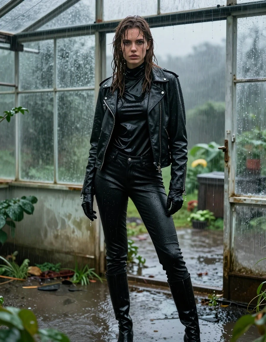 A hyper-realistic full-body portrait of a young adult European woman with long, dripping wet brown hair, standing inside a dilapidated, leaking greenhouse during a torrential downpour. She is wearing an oversized black vinyl polar neck shirt that clings to her torso with a high-gloss sheen, layered under a heavy black biker leather jacket, and black leather jeans that are visibly saturated, showing heavy wet folds and a dark, glossy texture. She wears black leather gloves on both hands and black leather knee-high boots. Her skin is drenched with visible water rivulets, and her clothing is heavy with moisture, clinging to her frame. The environment is filled with rain-streaked glass panes, lush damp foliage, and puddles reflecting the dim, moody light of the storm. The image captures intense realistic wetness, water sheen, and atmospheric condensation, with professional cinematic lighting highlighting the textures of the wet leather, vinyl, and skin. High-resolution, 8k, photorealistic, sharp focus, clean anatomy, non-nude.