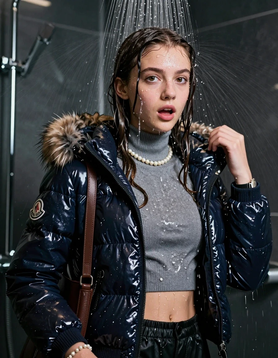 photo of young woman, in soaking wet, drenched clothes,
, , Moncler shiny puffer down jacket with fur, Open jacket, tight knit turtleneck sweater belly free, shoulderbag, pearl necklace, bracelet, wristwatch, Modern mirrored shower, 
enjoying, wet clothes stuck to body,
detailed textures of the wet clothes, wet face, wet plastered hair,
wet, drenched, professional, high-quality details, full body view.
sharp focus, ultra-high pixel detail, realistic, high-quality, full colors, incredibly detailed, 4k, 8k, 16k, hyper-realistic, RAW photo, masterpiece, ultra-detailed, professionally color graded, professional photograph, Pigtails

15 years old  teenage girl.
Looking at camera. horny eyes. afraid and astonished. open mouth, big eyes.

A high-quality vertical fashion photograph of a 15-year-old teenage girl standing directly under a heavy, powerful stream of water in a modern shower. She has Sleek shoulder-length, completely saturated and dripping wet hair, with water cascading down her face and neck, creating an intense and exhilarated expression. The lighting is bright and cinematic, highlighting the glistening water droplets on her skin and the saturated texture of her  casual clothes. The composition is a clear, frontal portrait, capturing the refreshing and powerful sensation of the water flow. The girl is positioned centrally, facing the camera at a mild three-quarter angle, with her face clearly visible. The depicted girl has shoulder-length hair. Show her face clearly toward the camera at a mild three-quarter angle, large enough for a natural portrait face reference.
her clothing is soaking wet and clinging tightly to her skin, showing heavy wet folds, darkened fabric texture, and deep water-saturated Patches, her clothes are heavy from the water, water runs from her body and her clothes in streams. A lot of water also runs out of her clothes. Her clothes are darkened by the water. 
hyper-realistic wetness, high-contrast water sheen, sharp focus, 16k resolution, professional photography, realistic water physics., wet skin, wet clothes, damp fabric, wet skin, wet clothes, damp fabric, wet skin, wet clothes, damp fabric