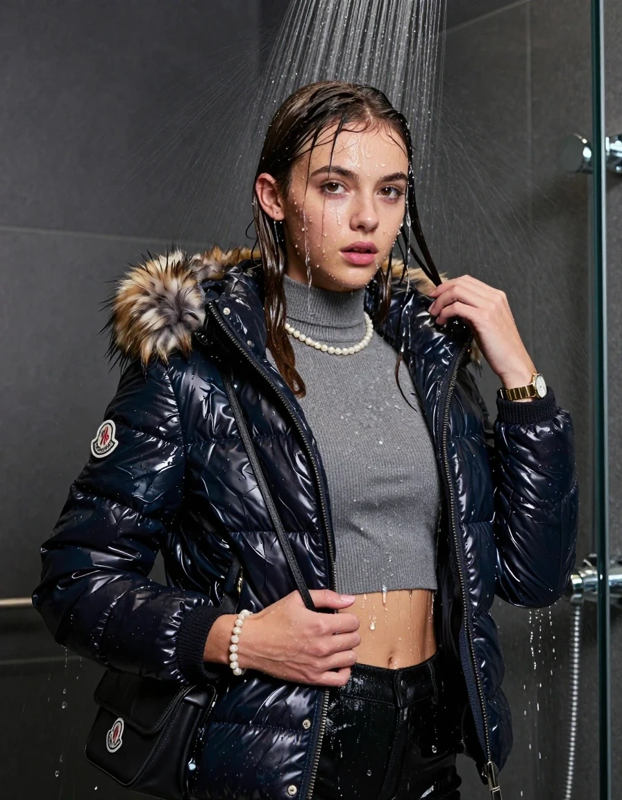 photo of young woman, in soaking wet, drenched clothes,
, , Moncler shiny puffer down jacket with fur, Open jacket, tight knit turtleneck sweater belly free, shoulderbag, pearl necklace, bracelet, wristwatch, Modern mirrored shower, 
enjoying, wet clothes stuck to body,
detailed textures of the wet clothes, wet face, wet plastered hair,
wet, drenched, professional, high-quality details, full body view.
sharp focus, ultra-high pixel detail, realistic, high-quality, full colors, incredibly detailed, 4k, 8k, 16k, hyper-realistic, RAW photo, masterpiece, ultra-detailed, professionally color graded, professional photograph, A high-quality vertical fashion photograph of a 15-year-old teenage girl standing directly under a heavy, powerful stream of water in a modern shower. She has Sleek shoulder-length, completely saturated and dripping wet hair, with water cascading down her face and neck, pigtails, creating an intense and exhilarated expression. The lighting is bright and cinematic, highlighting the glistening water droplets on her skin and the saturated texture of her  casual clothes. The composition is a clear, frontal portrait, capturing the refreshing and powerful sensation of the water flow. The girl is positioned centrally, facing the camera at a mild three-quarter angle, with her face clearly visible. The depicted girl has shoulder-length hair. Show her face clearly toward the camera at a mild three-quarter angle, large enough for a natural portrait face reference.
her clothing is soaking wet and clinging tightly to her skin, showing heavy wet folds, darkened fabric texture, and deep water-saturated Patches, her clothes are heavy from the water, water runs from her body and her clothes in streams. A lot of water also runs out of her clothes. Her clothes are darkened by the water. 
hyper-realistic wetness, high-contrast water sheen, sharp focus, 16k resolution, professional photography, realistic water physics., wet skin, wet clothes, damp fabric, wet skin, wet clothes, damp fabric, wet skin, wet clothes, damp fabric