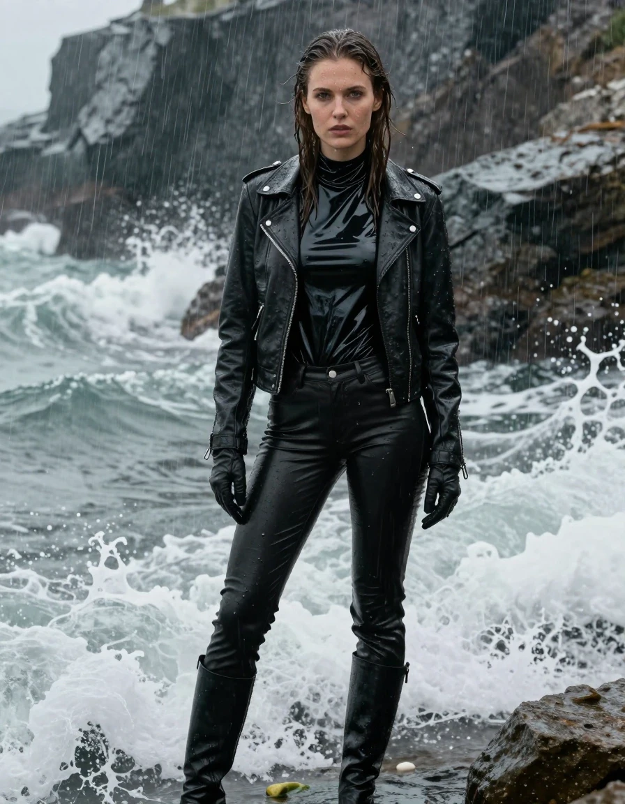 A photorealistic medium shot of a young adult European woman with long dripping wet brown hair, standing in a rocky ocean cove during a heavy rainstorm. She is wearing an oversize black vinyl polar neck shirt with a high-gloss, reflective wet sheen, layered under a rugged black biker leather jacket, paired with tight black leather jeans that cling to her legs, and black leather knee-high boots. She wears black leather gloves on both hands. Her skin is drenched with visible water rivulets, and her clothing is heavy, soaked, and clinging to her frame with realistic damp fabric textures. The ocean waves are actively splashing against her, creating a chaotic, wet environment. The lighting is moody and overcast, emphasizing the high specular highlights on her wet vinyl and leather garments. The scene is captured with sharp focus on the textures of the saturated materials and the water droplets on her skin, ensuring no nudity and a fully clothed, professional aesthetic.
