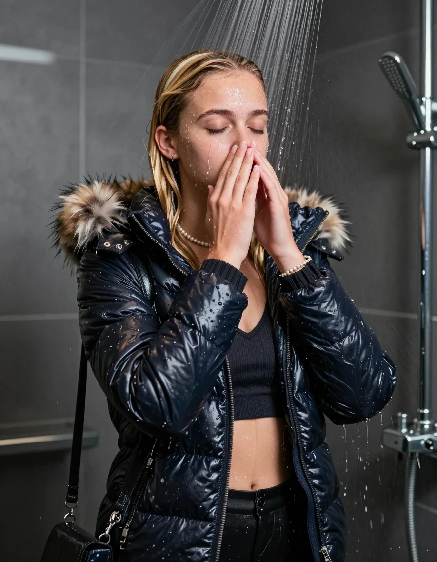 photo of young woman, in soaking wet, drenched clothes,
, , Moncler shiny puffer down jacket with fur, Open jacket, tight v-neck sweater belly free, shoulderbag, pearl necklace, bracelet, wristwatch, Modern mirrored shower, 
enjoying, wet clothes stuck to body,
detailed textures of the wet clothes, wet face, wet plastered hair,
wet, drenched, professional, high-quality details, full body view.
sharp focus, ultra-high pixel detail, realistic, high-quality, full colors, incredibly detailed, 4k, 8k, 16k, hyper-realistic, RAW photo, masterpiece, ultra-detailed, professionally color graded, professional photograph, A high-quality vertical fashion photograph of a 15-year-old teenage girl standing directly under a heavy, powerful stream of water in a modern shower. She has blonde Sleek  straight long hair with hairband, completely saturated and dripping wet hair, with water cascading down her face and neck, creating an astonished expression. She hold her hands on her nose. The lighting is bright and cinematic, highlighting the glistening water droplets on her skin and the saturated texture of her  casual clothes. The composition is a clear, frontal portrait, capturing the refreshing and powerful sensation of the water flow. The girl is positioned centrally, looking up at a mild three-quarter angle, with her face clearly visible.  Closed eyes. The depicted girl has shoulder-length hair. Show her face clearly toward the camera at a mild three-quarter angle, large enough for a natural portrait face reference.
her clothing is soaking wet and clinging tightly to her skin, showing heavy wet folds, darkened fabric texture, and deep water-saturated Patches, her clothes are heavy from the water, water runs from her body and her clothes in streams. A lot of water also runs out of her clothes. Her clothes are darkened by the water. 
hyper-realistic wetness, high-contrast water sheen, sharp focus, 16k resolution, professional photography, realistic water physics., wet skin, wet clothes, damp fabric, wet skin, wet clothes, damp fabric, wet skin, wet clothes, damp fabric