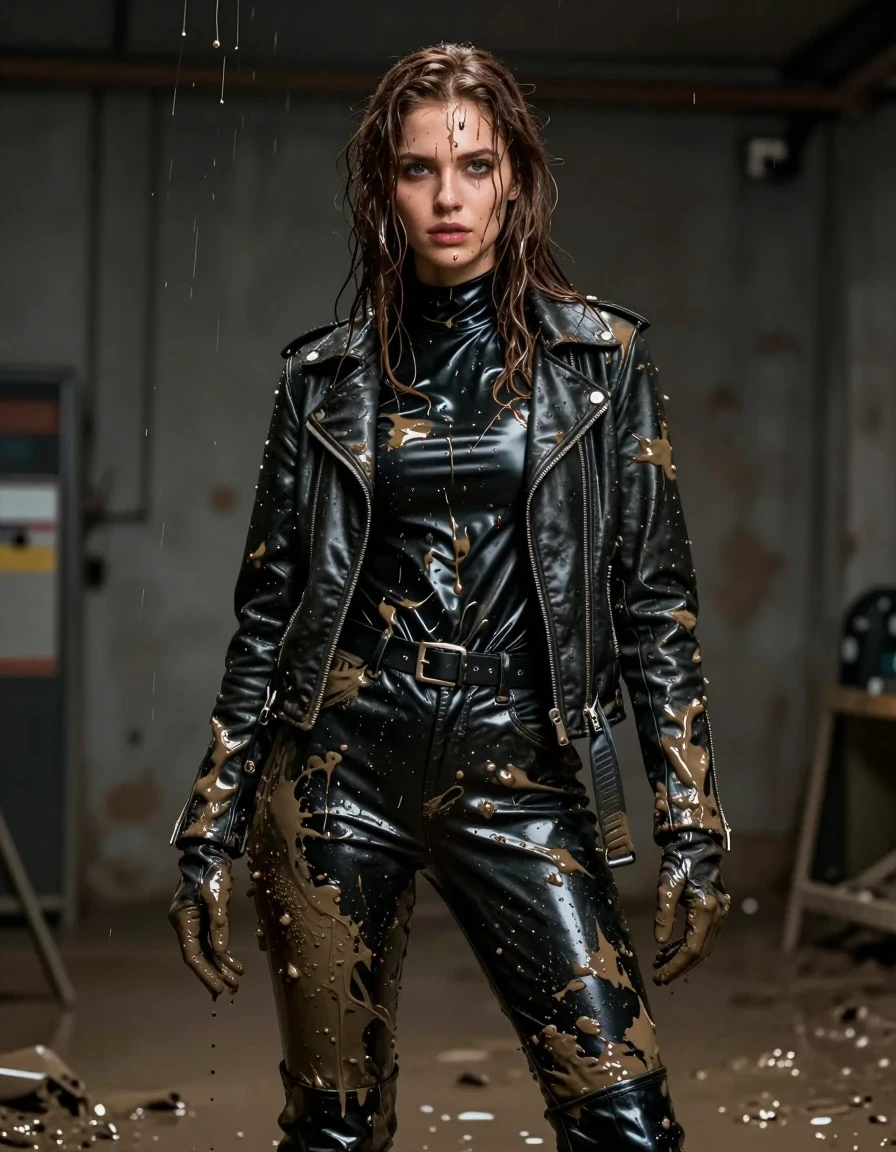 A photorealistic medium shot of a young adult European woman with long, dripping wet brown hair, standing in a dimly lit room. She is completely drenched in thick, viscous mud that drips from the ceiling and coats her entire body and clothing. She wears an oversize black vinyl polar neck shirt, black vinyl pants, a heavy black biker's leather jacket, and black leather knee-high boots, all heavily saturated and coated in mud. She wears leather gloves on both hands. Her skin and clothes are slick with a combination of mud and moisture, creating a heavy, clinging texture with strong glossy specular highlights on the vinyl and leather surfaces. The atmosphere is damp and somber, with mud splatters and rivulets running down her face and garments. High-contrast cinematic lighting emphasizes the wet texture and the sheen of the mud, captured with sharp focus, 8k resolution, realistic skin pores, and natural proportions, ensuring no nudity and fully clothed subject.