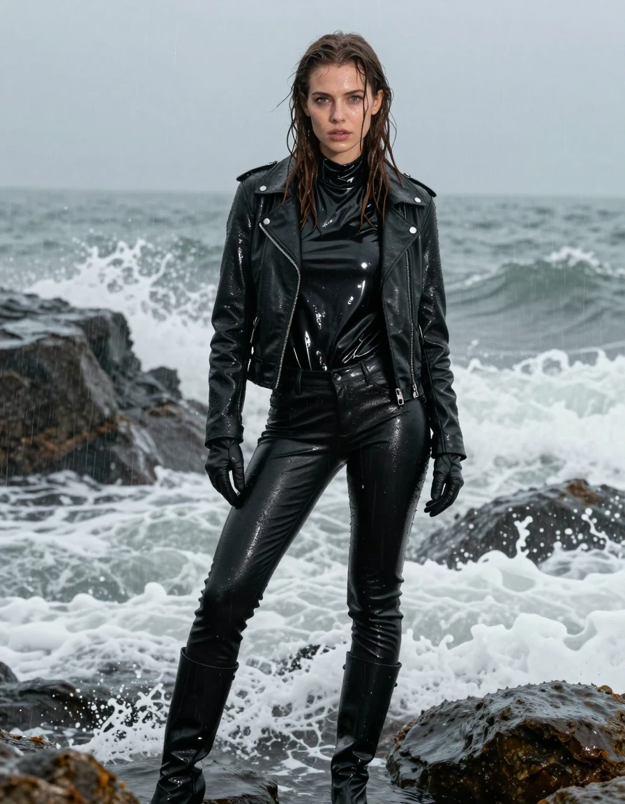 A photorealistic full-body shot of a young adult European woman with long, dripping wet brown hair, standing in a rocky ocean cove during a heavy rainstorm. Her skin is glistening with water, and she is drenched from head to toe. She is wearing an oversize black vinyl polar neck shirt that clings to her frame with a high-gloss sheen, layered under a rugged black biker leather jacket, with black leather gloves on both hands. She wears tight black leather jeans that show realistic wet texture, water-slicked surfaces, and heavy folds. She is wearing black leather knee-high boots. Ocean waves are actively splashing against her, with water droplets and mist in the air. The lighting is moody and overcast, emphasizing the glossy, reflective surfaces of the wet vinyl and leather. The scene is captured with sharp focus, highlighting the texture of the soaked materials and the wet skin, maintaining a strictly non-nude, fully clothed aesthetic.