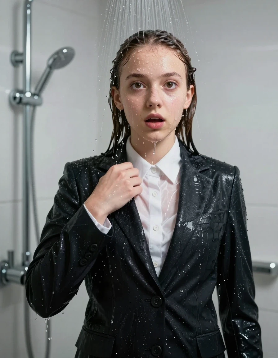photo of young woman, in soaking wet, drenched clothes,
, , White long sleeve smart shirt, black sports coat., Modern mirrored shower, 
enjoying, wet clothes stuck to body,
detailed textures of the wet clothes, wet face, wet plastered hair,
wet, drenched, professional, high-quality details, full body view.
sharp focus, ultra-high pixel detail, realistic, high-quality, full colors, incredibly detailed, 4k, 8k, 16k, hyper-realistic, RAW photo, masterpiece, ultra-detailed, professionally color graded, professional photograph, Pigtails

15 years old  teenage girl.
Looking at camera. horny eyes. afraid and astonished. open mouth, big eyes.

A high-quality vertical fashion photograph of a 15-year-old teenage girl standing directly under a heavy, powerful stream of water in a modern shower. She has Sleek shoulder-length, completely saturated and dripping wet hair, with water cascading down her face and neck, creating an intense and exhilarated expression. The lighting is bright and cinematic, highlighting the glistening water droplets on her skin and the saturated texture of her business suit. The composition is a clear, frontal portrait, capturing the refreshing and powerful sensation of the water flow. The girl is positioned centrally, facing the camera at a mild three-quarter angle, with her face clearly visible. The depicted girl has shoulder-length hair. Show her face clearly toward the camera at a mild three-quarter angle, large enough for a natural portrait face reference.
her clothing is soaking wet and clinging tightly to her skin, showing heavy wet folds, darkened fabric texture, and deep water-saturated Patches, her clothes are heavy from the water, water runs from her body and her clothes in streams. A lot of water also runs out of her clothes. Her clothes are darkened by the water. 
hyper-realistic wetness, high-contrast water sheen, sharp focus, 16k resolution, professional photography, realistic water physics., wet skin, wet clothes, damp fabric, wet skin, wet clothes, damp fabric, wet skin, wet clothes, damp fabric, wet skin, wet clothes, damp fabric