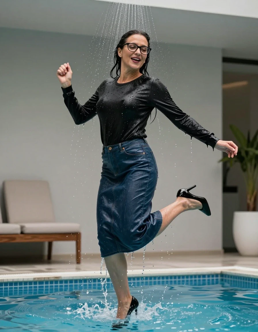 photo of young woman, in soaking wet, drenched clothes,
black high-heeled shoes, maxi dark blue leather denim skirt, long black sweater, jumping in pool under shower after bath in indoor pool, enjoying wet clothes stuck body, enjoying, wet clothes stuck to body, 
enjoying, wet clothes stuck to body,
detailed textures of the wet clothes, wet face, wet plastered hair,
wet, drenched, professional, high-quality details, full body view.
sharp focus, ultra-high pixel detail, realistic, high-quality, full colors, incredibly detailed, 4k, 8k, 16k, hyper-realistic, RAW photo, masterpiece, ultra-detailed, professionally color graded, professional photograph, europen brunette skinny woman 50 years old, long dark black hair, office glasses, very big and thick lips, complete body, wet skin, wet clothes, damp fabric, wet skin, wet clothes, damp fabric, wet skin, wet clothes, damp fabric, wet skin, wet clothes, damp fabric, wet skin, wet clothes, damp fabric, wet skin, wet clothes, damp fabric, wet skin, wet clothes, damp fabric