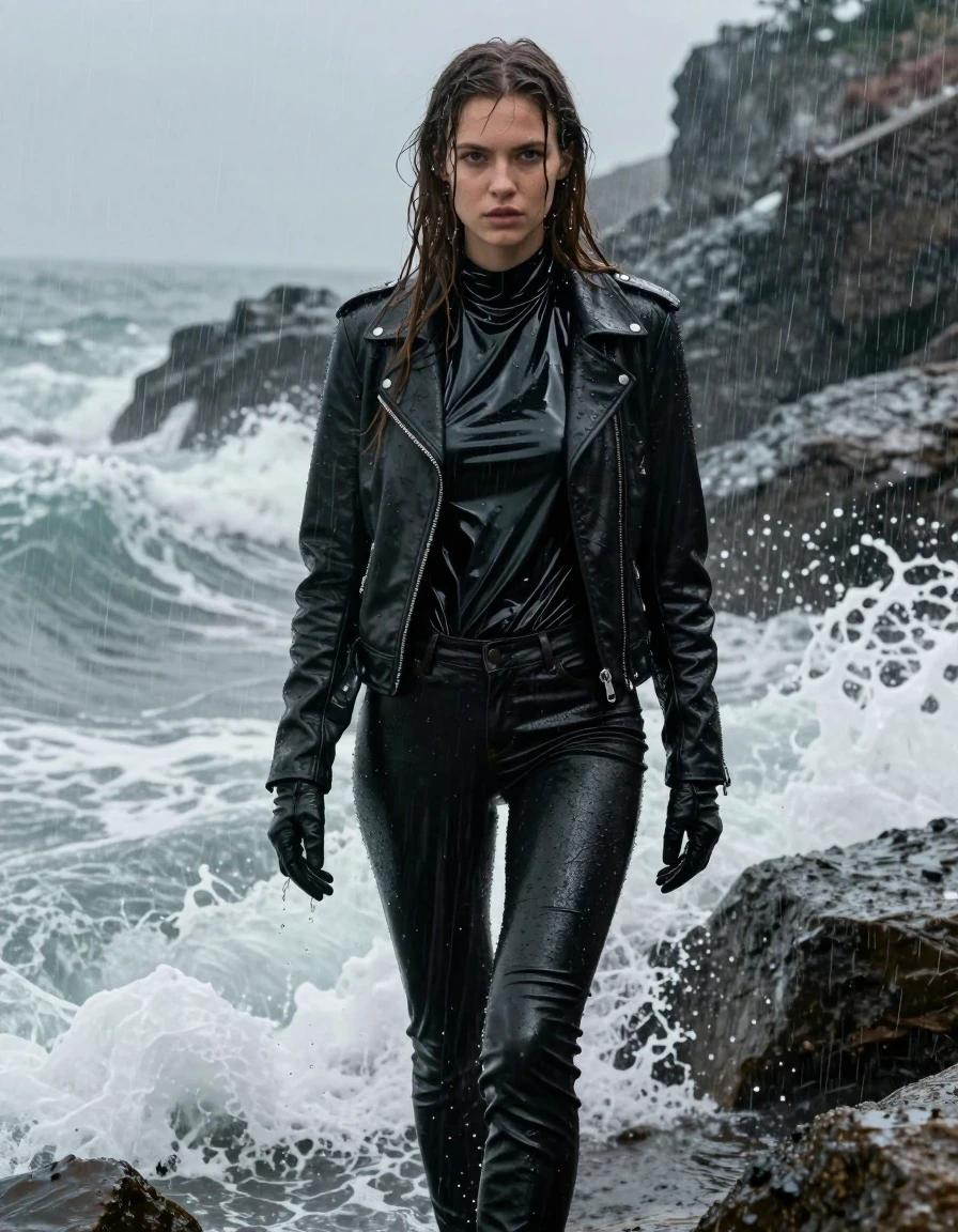 A stunning, photorealistic portrait of a young European woman with long, dripping wet brown hair, standing in a rocky ocean cove during a heavy rainstorm. She is wearing an oversize black vinyl polar neck shirt with a high-gloss, reflective finish, layered beneath a rugged black biker leather jacket, with black leather gloves on both hands. She wears tight black leather jeans that cling to her legs, showing deep wet sheen and realistic folds. The scene is drenched, with large ocean waves splashing against her, causing her skin and clothing to be completely soaked and heavy with water. The lighting is moody and overcast, highlighting the glistening wet texture of her skin and the water-slicked surfaces of the leather and vinyl garments. The atmosphere is intense, with heavy rain falling and water droplets visible everywhere. Shot with high-speed photography to capture the motion of the splashing waves and the texture of the saturated materials. No nudity, clean anatomy, realistic proportions, high-contrast wet-look aesthetic.
