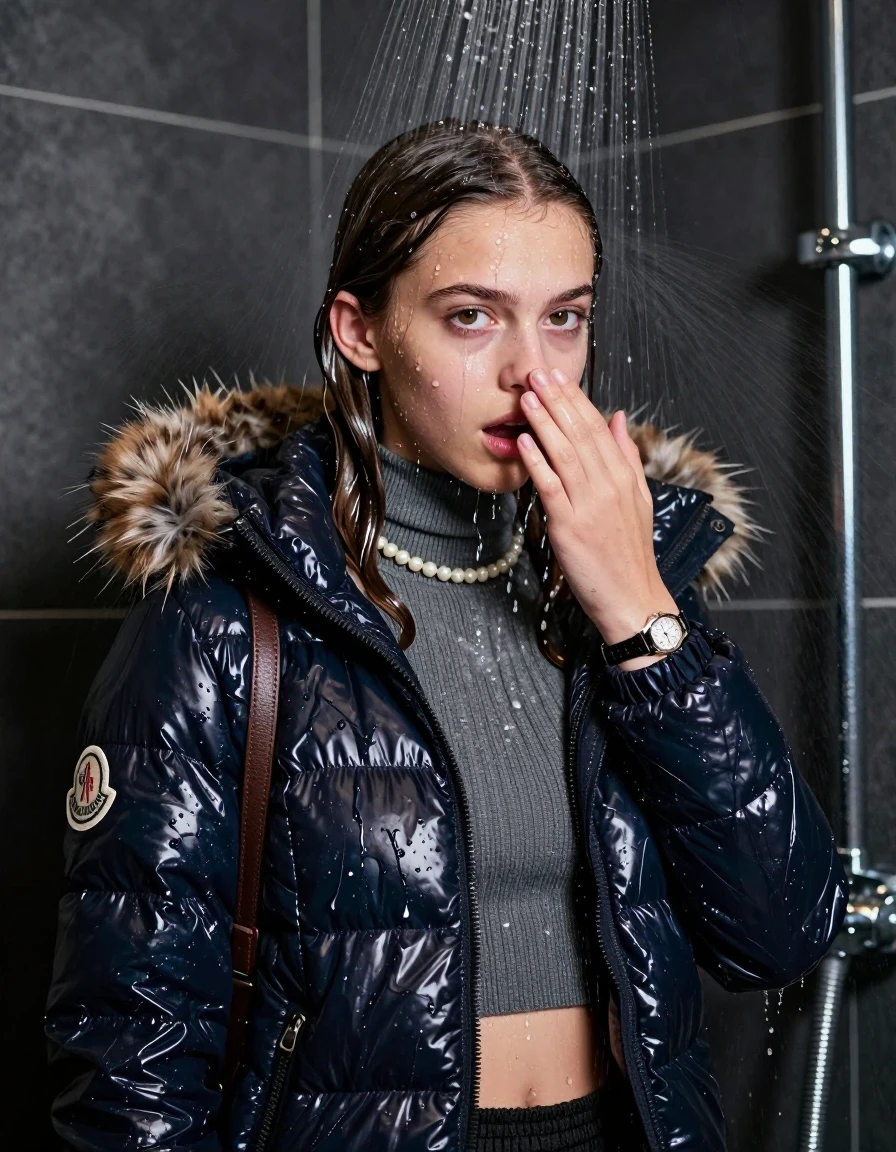 photo of young woman, in soaking wet, drenched clothes,
, , Moncler shiny puffer down jacket with fur, Open jacket, tight knit turtleneck sweater belly free, shoulderbag, pearl necklace, bracelet, wristwatch, Modern mirrored shower, 
enjoying, wet clothes stuck to body,
detailed textures of the wet clothes, wet face, wet plastered hair,
wet, drenched, professional, high-quality details, full body view.
sharp focus, ultra-high pixel detail, realistic, high-quality, full colors, incredibly detailed, 4k, 8k, 16k, hyper-realistic, RAW photo, masterpiece, ultra-detailed, professionally color graded, professional photograph, Pigtails

15 years old  teenage girl

One hand in front of her nose. Looking down. horny eyes. afraid and astonished. open mouth, big eyes.

A high-quality vertical fashion photograph of a 15-year-old teenage girl standing directly under a heavy, powerful stream of water in a modern shower. She has Sleek shoulder-length, completely saturated and dripping wet hair, with water cascading down her face and neck, creating an intense and exhilarated expression. The lighting is bright and cinematic, highlighting the glistening water droplets on her skin and the saturated texture of her  casual clothes. The composition is a clear, frontal portrait, capturing the refreshing and powerful sensation of the water flow. The girl is positioned centrally, facing the camera at a mild three-quarter angle, with her face clearly visible. The depicted girl has shoulder-length hair. Show her face clearly toward the camera at a mild three-quarter angle, large enough for a natural portrait face reference.
her clothing is soaking wet and clinging tightly to her skin, showing heavy wet folds, darkened fabric texture, and deep water-saturated Patches, her clothes are heavy from the water, water runs from her body and her clothes in streams. A lot of water also runs out of her clothes. Her clothes are darkened by the water. 
hyper-realistic wetness, high-contrast water sheen, sharp focus, 16k resolution, professional photography, realistic water physics., wet skin, wet clothes, damp fabric, wet skin, wet clothes, damp fabric