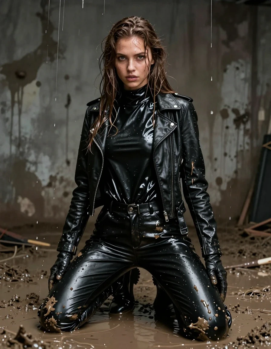 A hyper-realistic full-body shot of a young European woman with long, dripping wet brown hair, captured in a state of intense saturation. She is kneeling on the floor of a dimly lit, gritty room where thick mud drips continuously from the ceiling. Her skin is coated in a glistening layer of mud and water, with visible wet sheen and droplets. She wears an oversize black vinyl polar neck shirt that clings to her frame, paired with black vinyl pants that have a high-gloss, wet finish. Over this, she wears a black biker leather jacket and leather gloves on both hands. Her feet are encased in black leather knee-high boots, also drenched and coated in mud. The fabric of her garments is heavily damp, showing deep folds, clinging textures, and reflective highlights from the overhead mud-streaked environment. The scene is captured with sharp focus on the textures of the dripping mud, the slick vinyl, and the wet skin, emphasizing a gritty, cinematic atmosphere. No nudity, clean anatomical features, non-explicit, professional photographic lighting, 8k resolution, highly detailed textures.