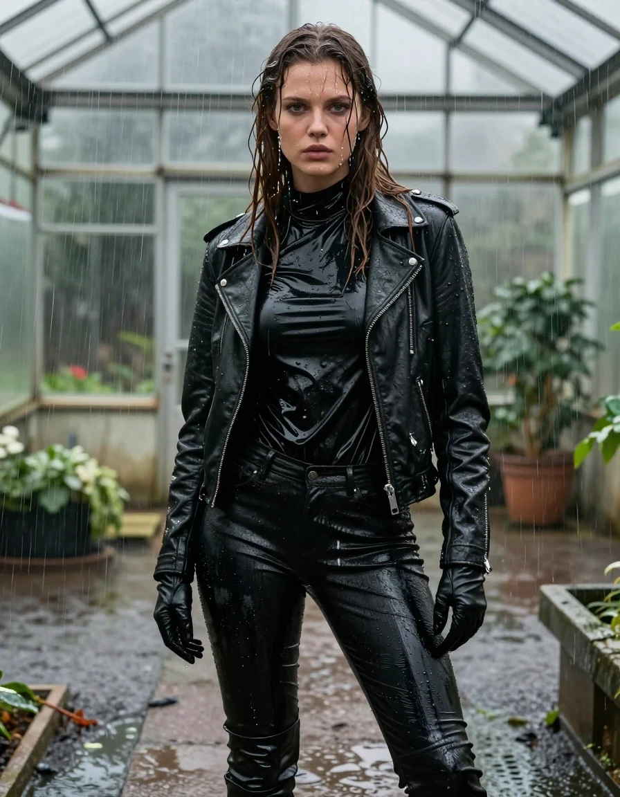 A stunning young adult European woman with long, dripping wet brown hair, standing in a greenhouse during a heavy rainstorm. She is wearing an oversize black vinyl polar neck shirt with a high-gloss sheen, layered under a rugged black biker's leather jacket. Her legs are clad in black leather jeans that show deep, dark patches from the heavy downpour, with water pooling in the folds and seams to highlight the slick, reflective leather texture. She wears sleek black leather knee-high boots and matching leather gloves on both hands. Her skin is glistening and wet, with water cascading down her face and neck. The greenhouse is leaking, with torrents of water creating a drenched, moody atmosphere. The wet fabric of her clothes clings to her body, emphasizing heavy, saturated textures and realistic folds. High-contrast, cinematic lighting captures the specular highlights on the wet surfaces, the dark, damp environment, and the intense, realistic sheen of the vinyl, leather, and wet hair. Professional photography, photorealistic, 8k, sharp focus on skin and fabric textures, no nudity, fully clothed, clean anatomy.