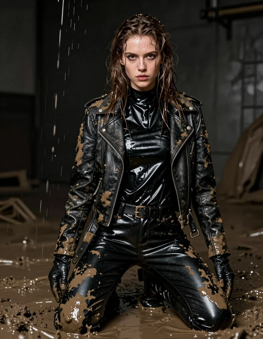 A stunning young adult European woman with long, dripping wet brown hair, captured in a photorealistic portrait. She is kneeling in a dark, atmospheric room where thick mud is actively dripping from the ceiling, covering her in a coat of sludge. Her skin is drenched with a realistic wet sheen, and her expression is intense. She is dressed in an oversize black vinyl polar neck shirt, layered under a rugged black biker's leather jacket, with black leather gloves on both hands. Her lower body is clad in tight black vinyl pants, and she wears black leather knee-high boots. The vinyl and leather garments are coated in wet mud, featuring heavy, clinging folds, glossy specular highlights, and a drenched, saturated appearance. The lighting emphasizes the wet texture of her skin, hair, and the mud-slicked clothing. High-resolution photography, sharp focus, cinematic lighting, gritty texture, fully clothed, no nudity.
