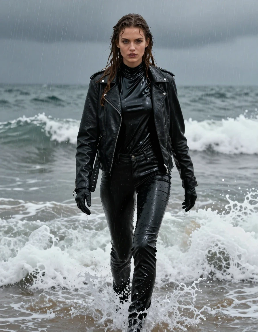 A stunning young adult European woman with long dripping wet brown hair and glistening wet skin, walking through crashing ocean waves at the beach during a heavy rainstorm. She is wearing an oversized black vinyl polar neck shirt with a high-shine wet finish, a rugged black biker leather jacket, and black leather gloves. Her legs are clad in soaking-wet black leather jeans, featuring heavy wet folds, deep sheen, and strong glossy specular reflections on the creases and seams. The clothing is drenched and clinging to her body, with visible water droplets and a heavy, saturated texture. The atmosphere is dark and moody, with waves splashing against her, creating a dynamic, drenched aesthetic. Photorealistic, 8k resolution, cinematic lighting, intense water spray, high-contrast textures, sharp focus on wet fabric and skin, no nudity, fully clothed.