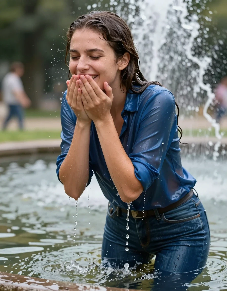 photo of young woman, in soaking wet, drenched clothes,
blue jeans, blue shiny blouse, fountain, 
enjoying, wet clothes stuck to body,
detailed textures of the wet clothes, wet face, wet plastered hair,
wet, drenched, professional, high-quality details, full body view.
sharp focus, ultra-high pixel detail, realistic, high-quality, full colors, incredibly detailed, 4k, 8k, 16k, hyper-realistic, RAW photo, masterpiece, ultra-detailed, professionally color graded, professional photograph, mud, drenched, dripping wet, wet hair, happy, submerged,, wet skin, wet clothes, damp fabric