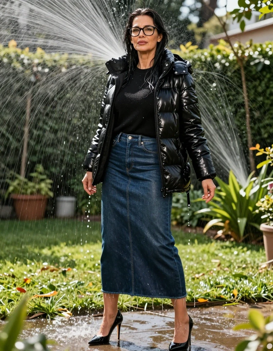 photo of young woman, in soaking wet, drenched clothes,
black high-heeled shoes, maxi dark blue leather denim skirt, black sweater,  maxi black down jacket, under sprinklers in sunny garden, enjoying wet clothes stuck body, enjoying, wet clothes stuck to body, 
enjoying, wet clothes stuck to body,
detailed textures of the wet clothes, wet face, wet plastered hair,
wet, drenched, professional, high-quality details, full body view.
sharp focus, ultra-high pixel detail, realistic, high-quality, full colors, incredibly detailed, 4k, 8k, 16k, hyper-realistic, RAW photo, masterpiece, ultra-detailed, professionally color graded, professional photograph, europen brunette skinny woman 50 years old, long dark black hair, office glasses, very big and thick lips, complete body, wet skin, wet clothes, damp fabric, wet skin, wet clothes, damp fabric, wet skin, wet clothes, damp fabric, wet skin, wet clothes, damp fabric, wet skin, wet clothes, damp fabric, wet skin, wet clothes, damp fabric, wet skin, wet clothes, damp fabric