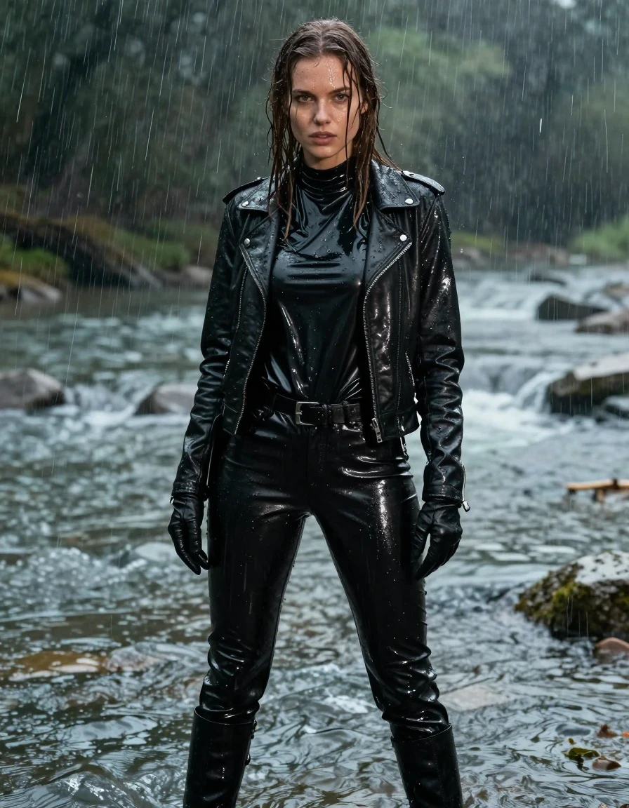 A photorealistic portrait of a young adult European woman with long dripping wet brown hair, standing in a river during a heavy downpour, completely drenched. She is wearing an oversize black vinyl polar neck shirt, black vinyl pants, a black biker leather jacket, black leather gloves on both hands, and black leather knee-high boots. Her skin is glistening with water, and her clothes are heavy with moisture, clinging to her frame with realistic folds, deep saturated tones, and intense glossy specular reflections from the rain. The fabric textures show high-contrast highlights from the wet surface. The scene is set in a natural river environment with heavy rain pouring down, creating water sheen and drips everywhere. Cinematic lighting, sharp focus, 8k resolution, highly detailed textures, fully clothed, modest attire.
