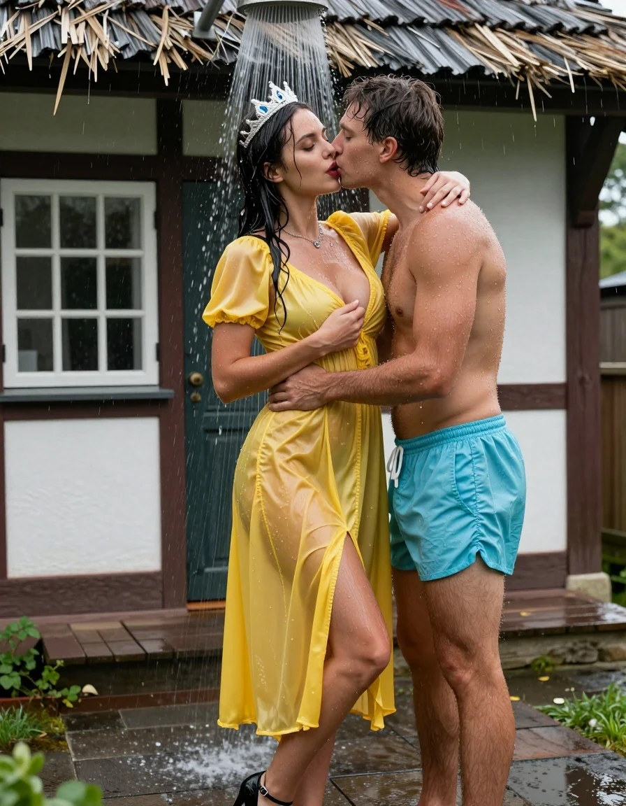 photo of young woman, in soaking wet, drenched clothes,
Schwarze Pumps, Gelbes langes Schneewittchen Kleid aus Satin, Kleines Fachwerkhaus mit einem Strohgedeckten Dach und Sprossenfenster, 
enjoying, wet clothes stuck to body,
detailed textures of the wet clothes, wet face, wet plastered hair,
wet, drenched, professional, high-quality details, full body view.
sharp focus, ultra-high pixel detail, realistic, high-quality, full colors, incredibly detailed, 4k, 8k, 16k, hyper-realistic, RAW photo, masterpiece, ultra-detailed, professionally color graded, professional photograph, Fotorealistische Ganzkörperaufnahme mit hoher Auflösung eines wunderschönen blutjungen Mädchens, sie steht vor einem kleinen Fachwerkhaus mit Sprossenfenster und einem strohgedeckten Dach unter einer alten Dusche, das Mädchen hat schwarze lange Haare und einen rot geschminkten Mund, sie hat schöne blaue Augen, sie hat mittelgroße flache Brüste, auf dem Kopf trägt sie eine silberne kleine Krone, um den Hals trägt sie eine silberne Halskette, sie trägt ein langes gelbes Schneewittchen Kleid aus Chiffon mit Puffärmeln, es regnet stark und ihr Kleid ist völlig durchnässt, ihre Brüste sind durch den dünnen und transparenten Stoff ihres Kleides gut sichtbar, ihr Rock klebt ihr an den Beinen, Wasser läuft aus ihrem Rock, neben steht ein junger Mann mit nacktem Oberkörper und einer kurzen hellblauen Shorts mit ihr unter der Dusche, sie drückt ihn fest an sich und umarmt ihn liebevoll, er küsst sie mit offenem Mund auf ihren Busen., wet skin, wet clothes, damp fabric