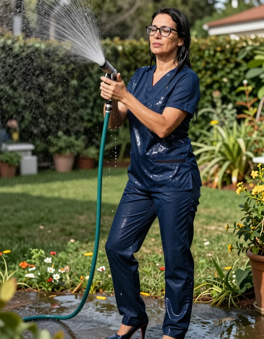 photo of young woman, in soaking wet, drenched clothes,
high-heeled shoes, shiny dark blue scrubs, shiny dark blue scrubs, pouring water with the hose in sunny garden, enjoying wet clothes stuck body, enjoying, wet clothes stuck to body, 
enjoying, wet clothes stuck to body,
detailed textures of the wet clothes, wet face, wet plastered hair,
wet, drenched, professional, high-quality details, full body view.
sharp focus, ultra-high pixel detail, realistic, high-quality, full colors, incredibly detailed, 4k, 8k, 16k, hyper-realistic, RAW photo, masterpiece, ultra-detailed, professionally color graded, professional photograph, europen brunette skinny woman 50 years old, long dark black hair, office glasses, very big and thick lips, complete body, wet skin, wet clothes, damp fabric, wet skin, wet clothes, damp fabric, wet skin, wet clothes, damp fabric, wet skin, wet clothes, damp fabric, wet skin, wet clothes, damp fabric, wet skin, wet clothes, damp fabric, wet skin, wet clothes, damp fabric