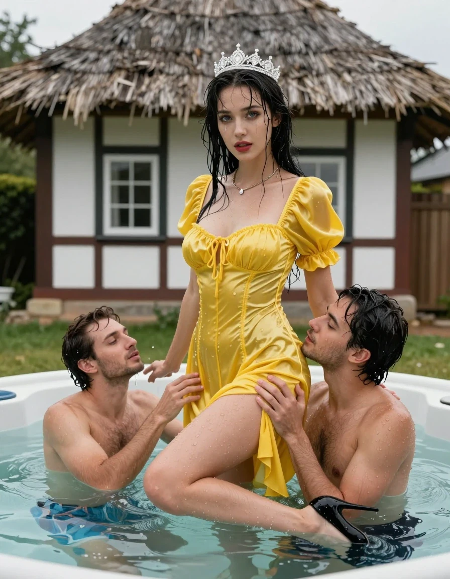 photo of young woman, in soaking wet, drenched clothes,
Schwarze Pumps, Gelbes langes Schneewittchen Kleid aus Satin, Kleines Fachwerkhaus mit einem Strohgedeckten Dach und Sprossenfenster, 
enjoying, wet clothes stuck to body,
detailed textures of the wet clothes, wet face, wet plastered hair,
wet, drenched, professional, high-quality details, full body view.
sharp focus, ultra-high pixel detail, realistic, high-quality, full colors, incredibly detailed, 4k, 8k, 16k, hyper-realistic, RAW photo, masterpiece, ultra-detailed, professionally color graded, professional photograph, Fotorealistische Ganzkörperaufnahme eines jungen Mädchens, sie liegt vor einem kleinen Fachwerkhaus mit Sprossenfenster und einem strohgedeckten Dach bis zum Bauch in einem mit Wasser gefüllten großen Whirlpool, das Mädchen hat schwarze lange Haare und einen rot geschminkten Mund, sie hat schöne blaue Augen, sie hat mittelgroße flache Brüste, auf dem Kopf trägt sie eine silberne kleine Krone, um den Hals trägt sie eine silberne Halskette, sie trägt ein langes gelbes Schneewittchen Kleid aus Chiffon mit Puffärmeln, es regnet stark und ihr Kleid ist völlig durchnässt, ihre Brüste sind durch den dünnen und transparenten Stoff ihres Kleides gut sichtbar, ihr Rock klebt ihr an den Beinen, Wasser läuft aus ihrem Rock, neben ihr im Holzbottich liegt ein junger Mann mit nacktem Oberkörper und einer kurzen hellblauen Shorts bis zum Bauch im Wasser, sie drückt ihn fest an sich und umarmt ihn liebevoll, er fasst ihren Rock an den Beinen an, sie küsst ihn genussvoll auf dem Mund., wet skin, wet clothes, damp fabric