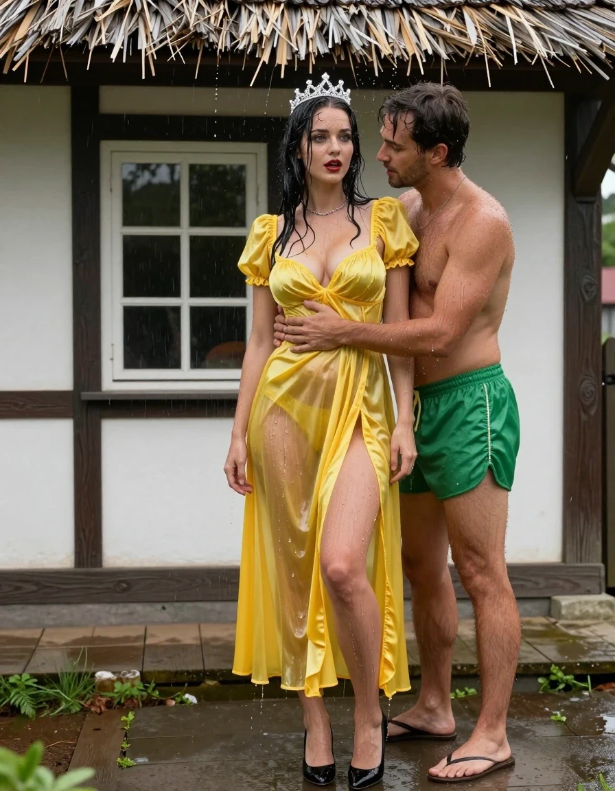 photo of young woman, in soaking wet, drenched clothes,
Schwarze Pumps, Gelbes langes Schneewittchen Kleid aus Satin, Kleines Fachwerkhaus mit einem Strohgedeckten Dach und Sprossenfenster, 
enjoying, wet clothes stuck to body,
detailed textures of the wet clothes, wet face, wet plastered hair,
wet, drenched, professional, high-quality details, full body view.
sharp focus, ultra-high pixel detail, realistic, high-quality, full colors, incredibly detailed, 4k, 8k, 16k, hyper-realistic, RAW photo, masterpiece, ultra-detailed, professionally color graded, professional photograph, Fotorealistische Rückansicht als Ganzkörperaufnahme eines jungen Mädchens, sie vor einem kleinen Fachwerkhaus mit Sprossenfenster und einem strohgedeckten Dach, das Mädchen hat schwarze lange Haare und einen rot geschminkten Mund, sie hat schöne blaue Augen, sie hat mittelgroße flache Brüste, auf dem Kopf trägt sie eine silberne kleine Krone, um den Hals trägt sie eine silberne Halskette, sie trägt ein langes gelbes Schneewittchen Kleid aus Chiffon mit Puffärmeln, es regnet stark und ihr Kleid ist völlig durchnässt und leicht transparent, ihre Brüste sind durch den dünnen und transparenten Stoff ihres Kleides gut sichtbar, ihr Rock klebt ihr an den Beinen, Wasser läuft aus ihrem Rock, vor ihr steht ein kleiner Mann mit nacktem Oberkörper und einer kurzen grünen Shorts, sie drückt ihn fest an ihr Kleid und umarmt ihn liebevoll, sie legt beide Arme um seinen Hals., wet skin, wet clothes, damp fabric
