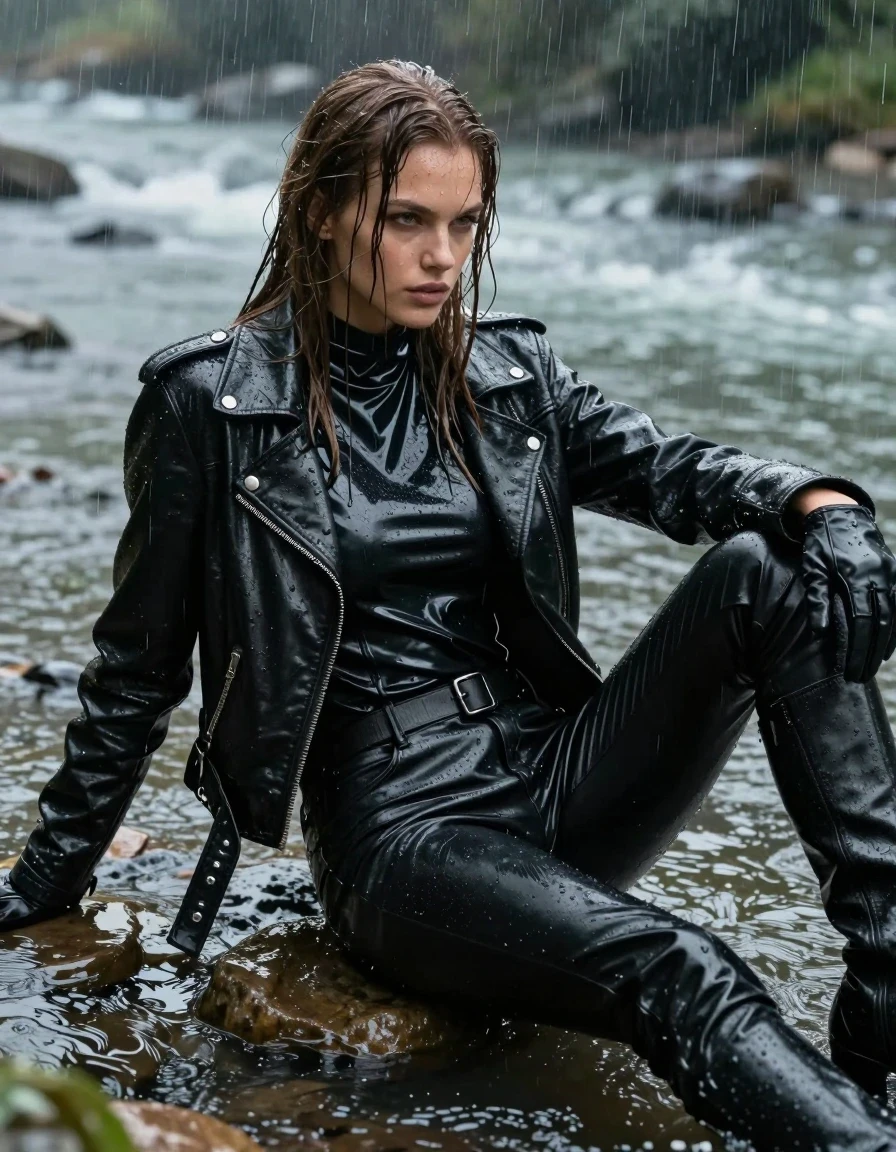 A photorealistic medium shot of a young adult European woman with long, dripping wet brown hair and glistening, rain-drenched skin. She is wearing an oversize black vinyl polar neck shirt, a heavy black bikers leather jacket, black vinyl pants, black leather knee-high boots, and leather gloves on both hands. All garments are visibly soaked, with the vinyl and leather textures displaying heavy water sheen, deep dark tones, and clinging tightly to her frame due to the saturation. She is relaxing while sitting in a shallow river during a heavy downpour, with water cascading off her hair and clothing. The scene is captured with realistic wet textures, damp fabric folds, and intense specular reflections from the rain. High-detail photographic quality, cinematic lighting, focused on the textures of wet leather and vinyl, completely clothed, no nudity.