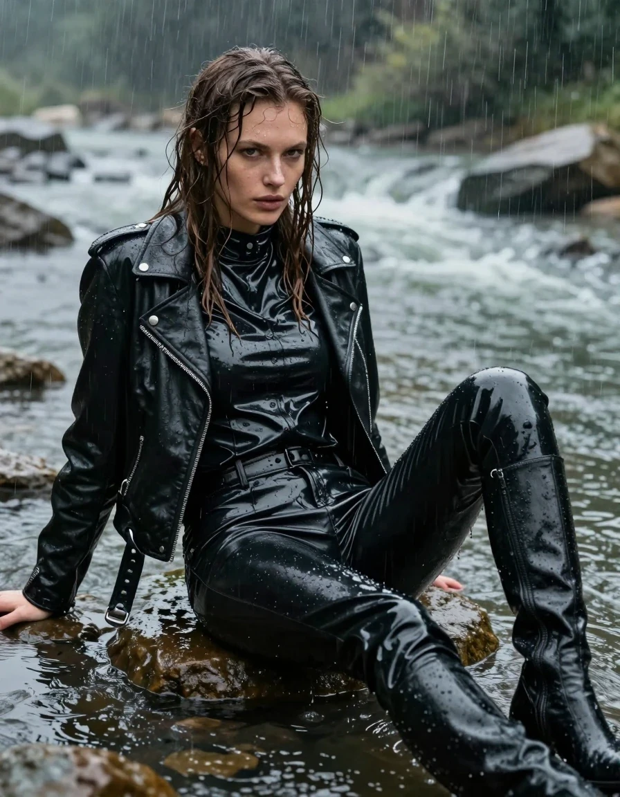 A photorealistic medium shot of a young adult European woman with long, dripping wet brown hair, captured in the middle of a heavy rainstorm while sitting and relaxing in a shallow river. She is wearing an oversize black vinyl polar neck shirt, black vinyl pants, a black leather biker jacket, black leather gloves, and black leather knee-high boots. Her skin is glistening with water, and her clothes are visibly drenched, with the vinyl and leather fabrics showing heavy water sheen, deep reflections, and clinging to her form. The fabric textures are emphasized by the downpour, with water cascading off the surfaces. The environment is a natural river setting during a storm, with atmospheric rain, wet rocks, and muted, moody lighting. High-contrast photographic style, sharp focus on the subject, intricate textures of wet hair and soaked clothing, cinematic lighting, fully clothed, no nudity, clean anatomy.